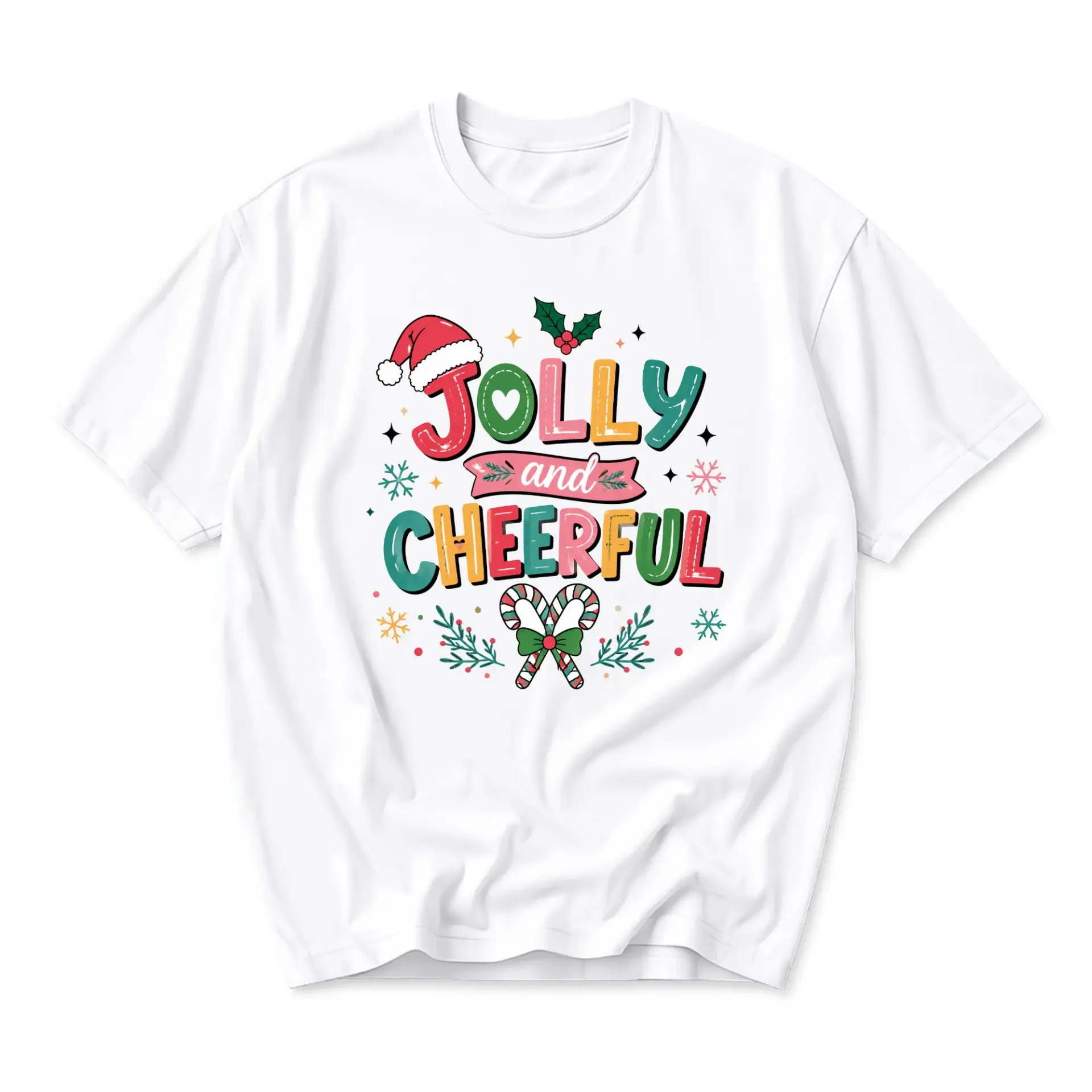 T-shirt Jolly and Cheerful Graphic Tee Holiday Winter Celebration Unisex Crew Neck Casual Everyday Wear Soft Cotton