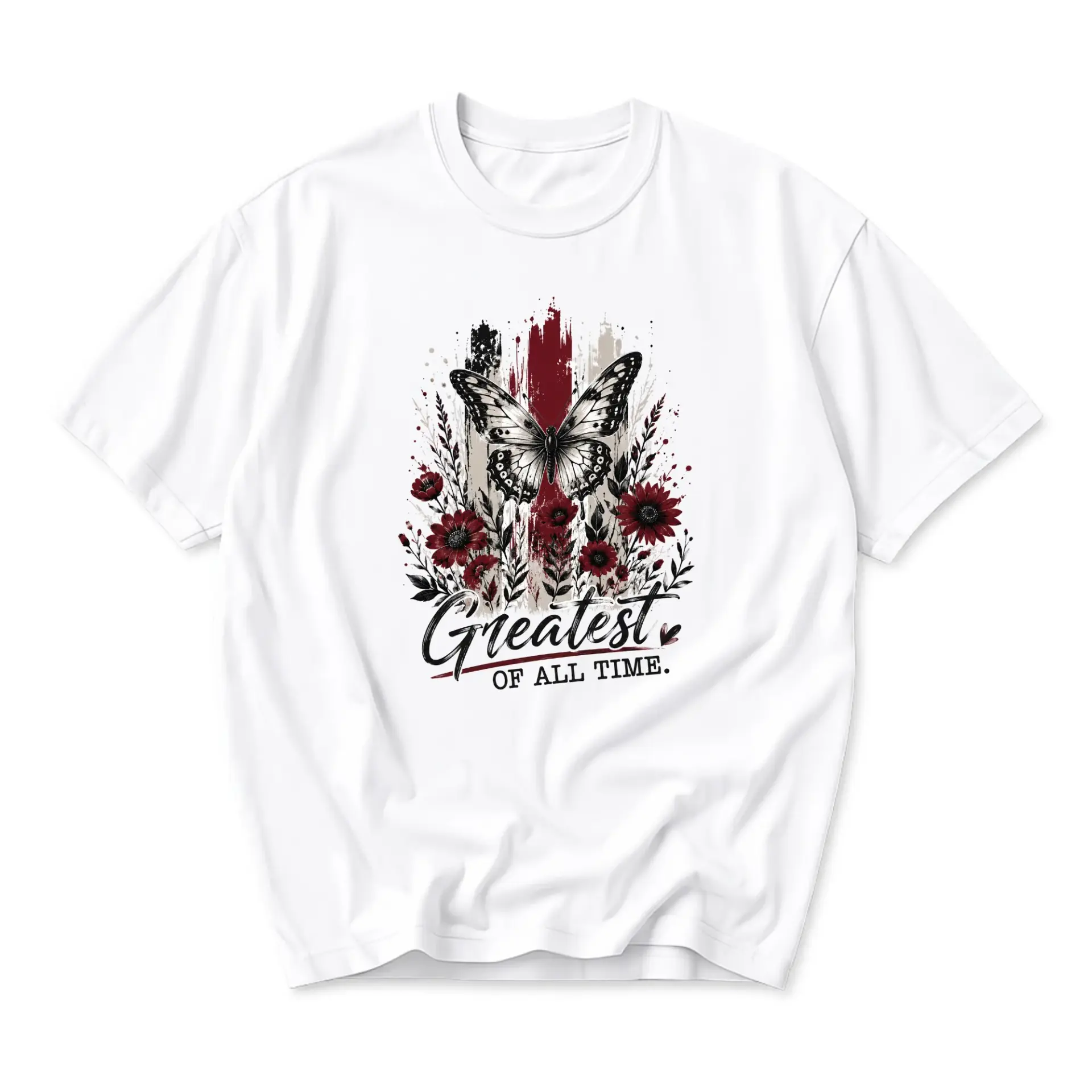 Graphic Tee Greatest of All Time Butterfly Floral Art Print Unisex Short Sleeve Crew Neck Casual Cotton Shirt