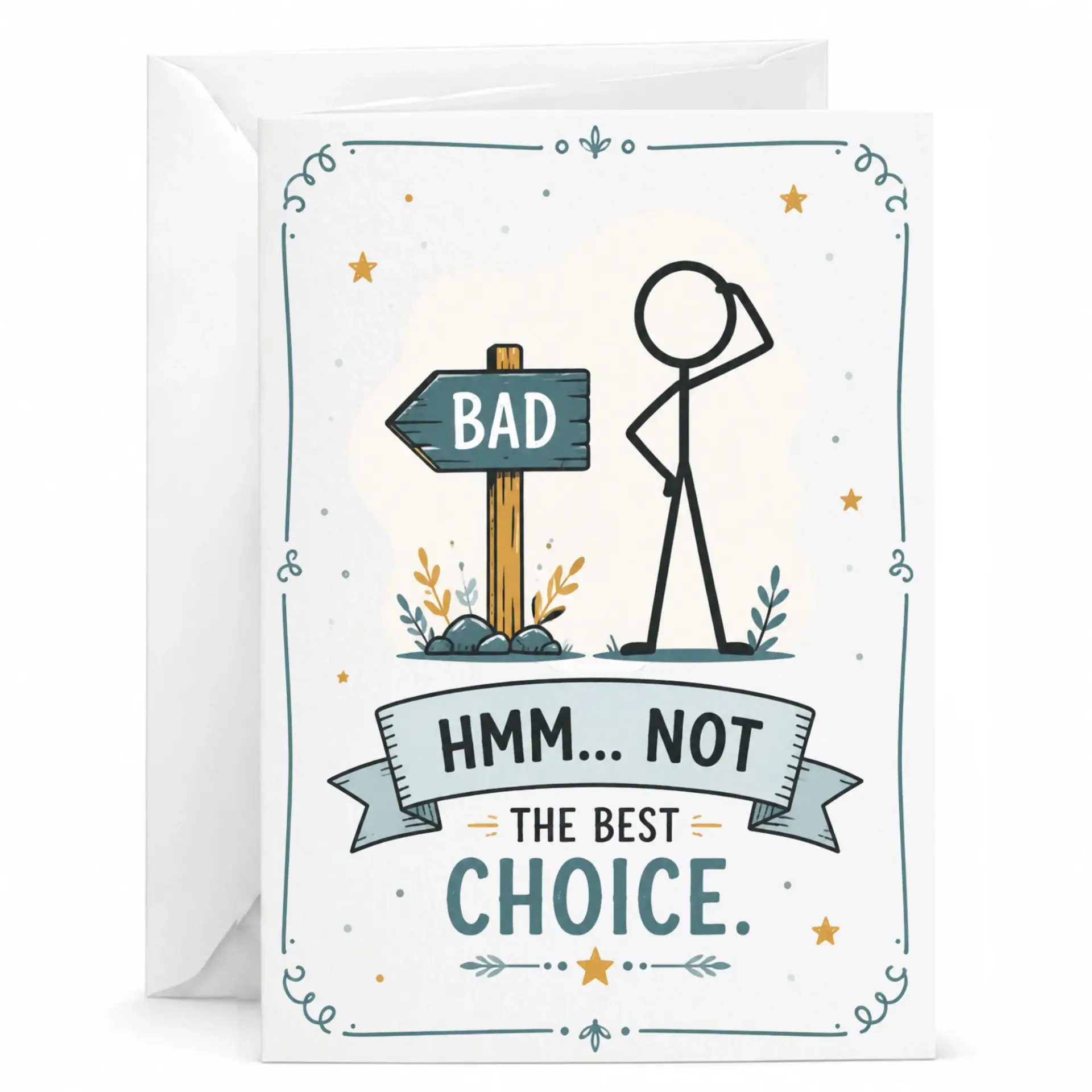 Funny Greeting Card for Poor Decisions Featuring Stick Figure and Bad Choice Sign Design for Encouragement and Humor