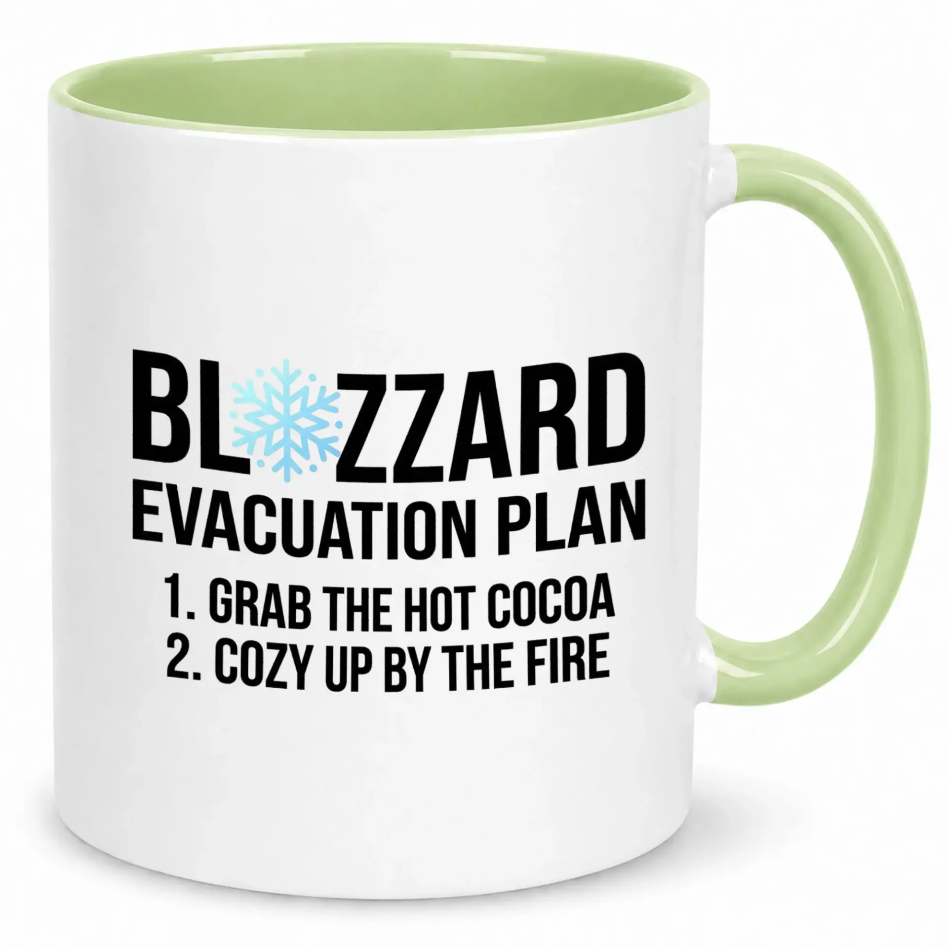 Funny Winter Blizzard Evacuation Plan Coffee Mug White Ceramic Cup with Green Handle and Interior Perfect for Hot Cocoa