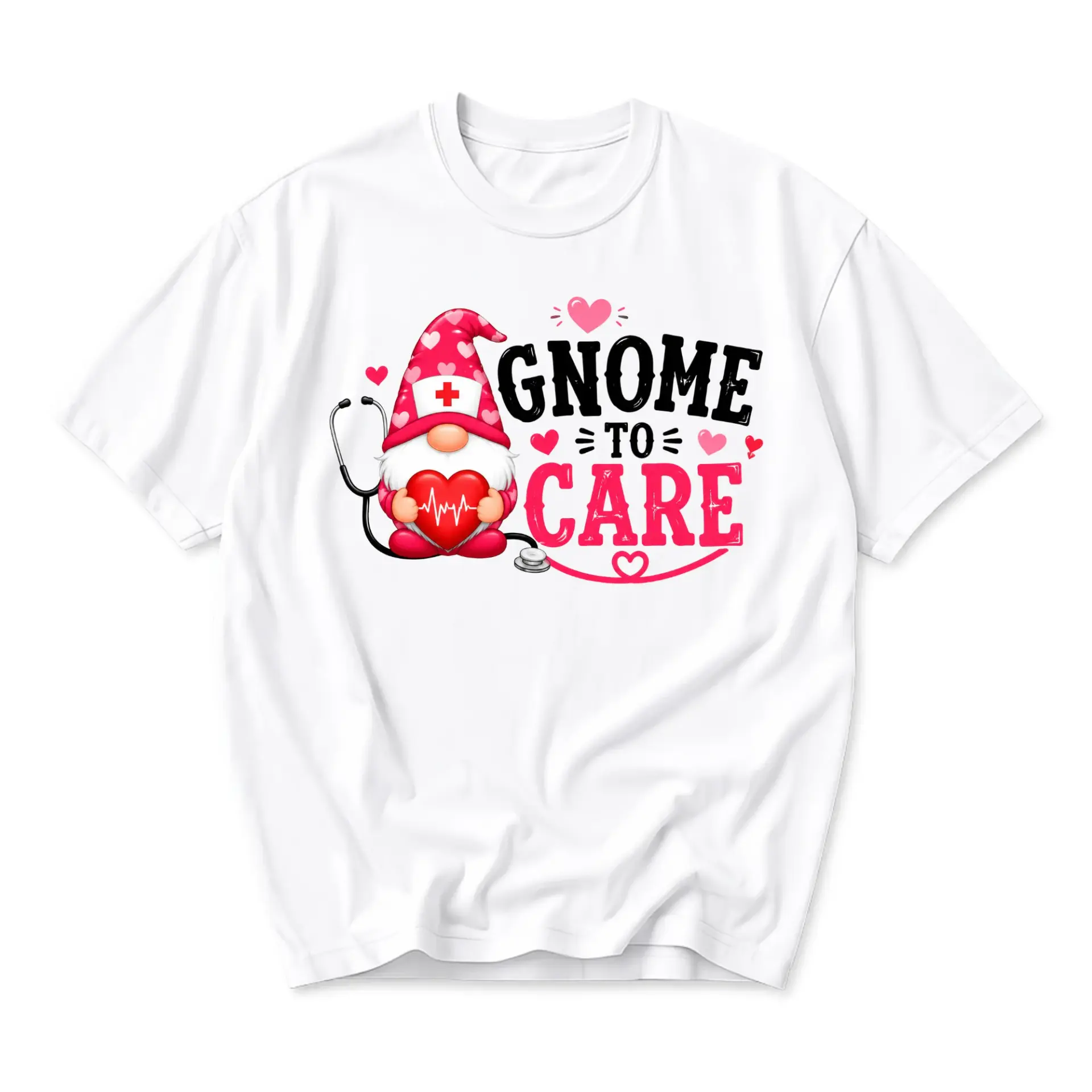 Funny Shirt Gnome to Care Nurse Graphic Tee for Medical Professionals and Healthcare Staff Unisex Casual Cotton Crew