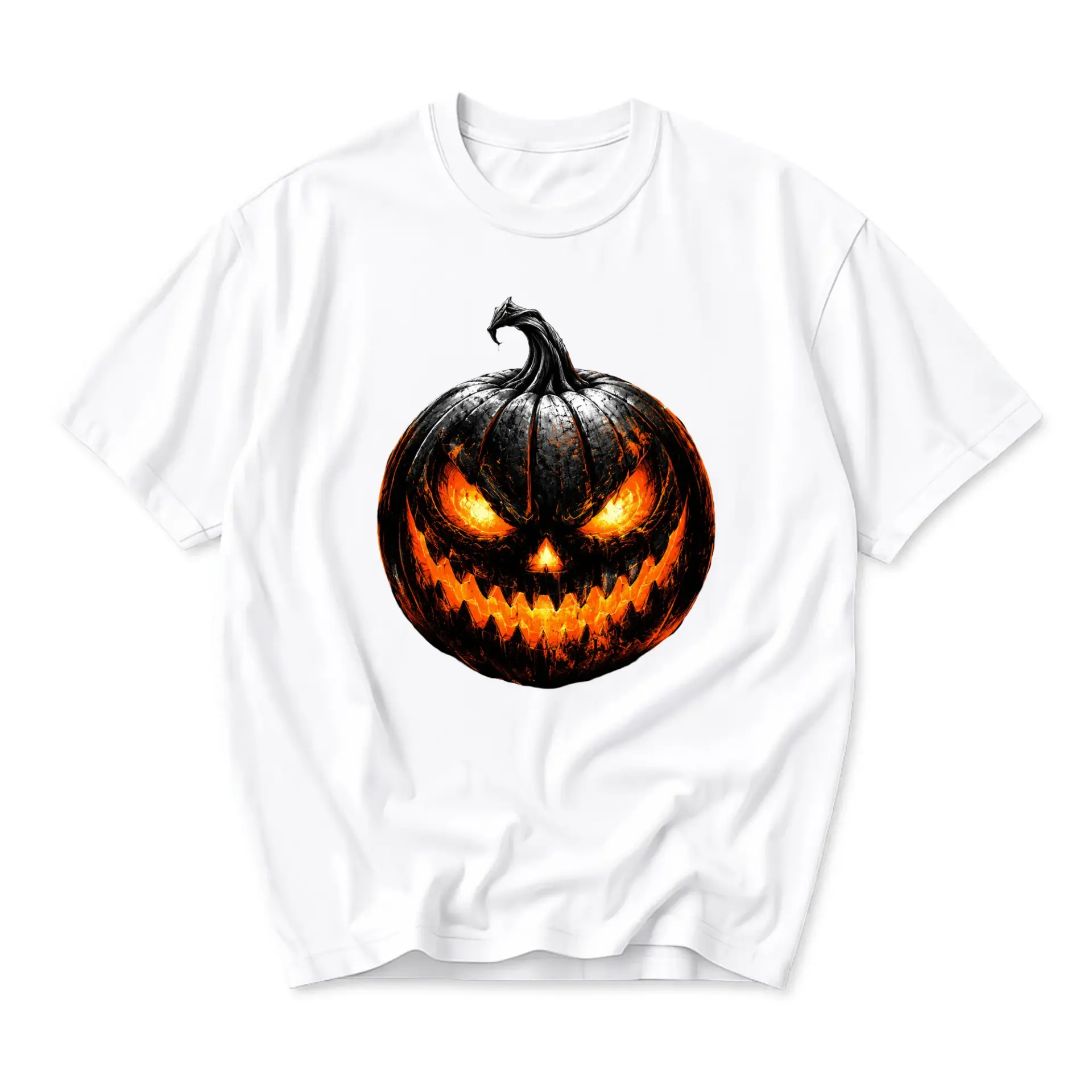 Graphic Tee Unisex Crew Neck T-Shirt Featuring Spooky Glowing Pumpkin Design for Halloween Seasonal Casual Wear Apparel