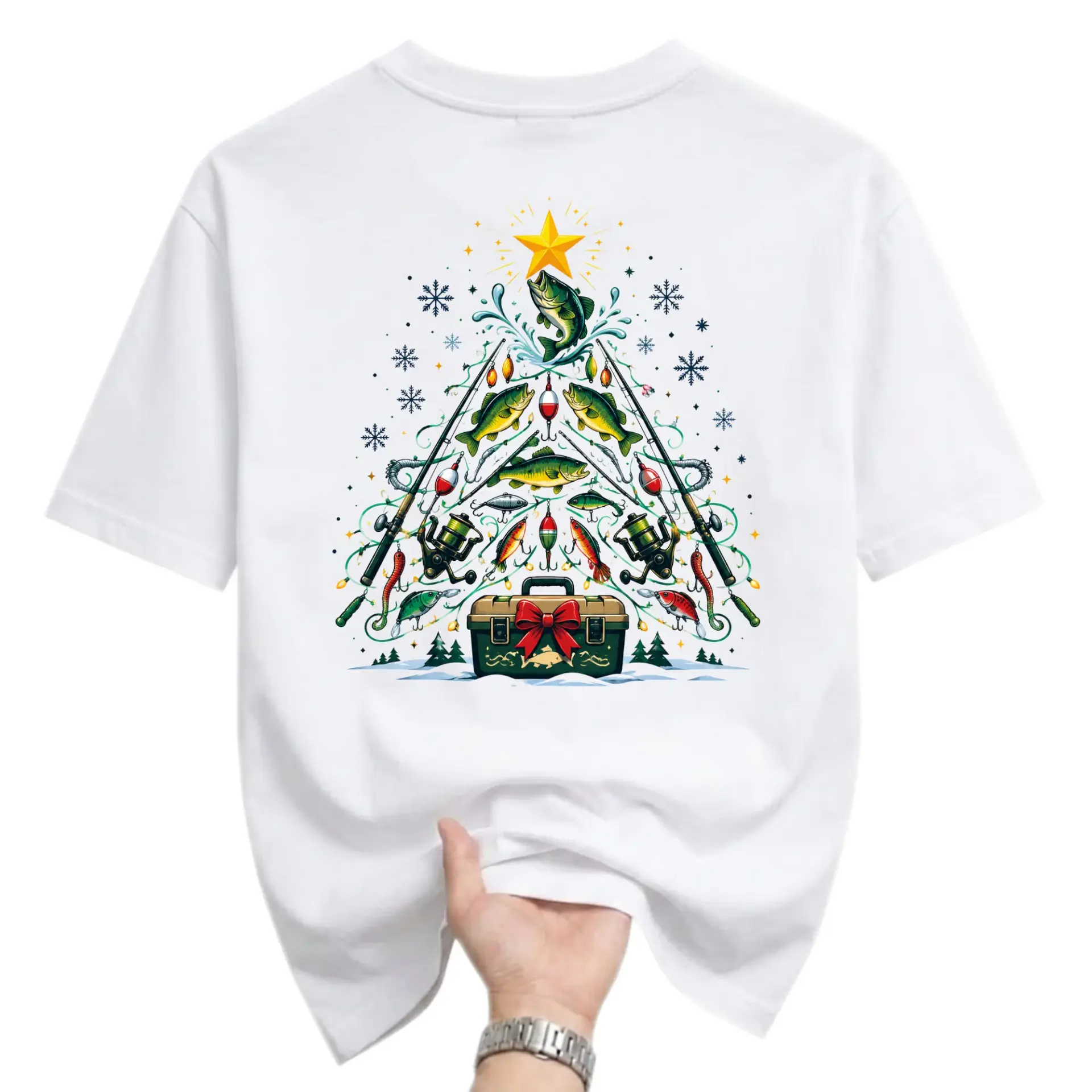 Graphic Tee Unisex Fishing Christmas Tree Holiday Shirt Outdoors Enthusiast