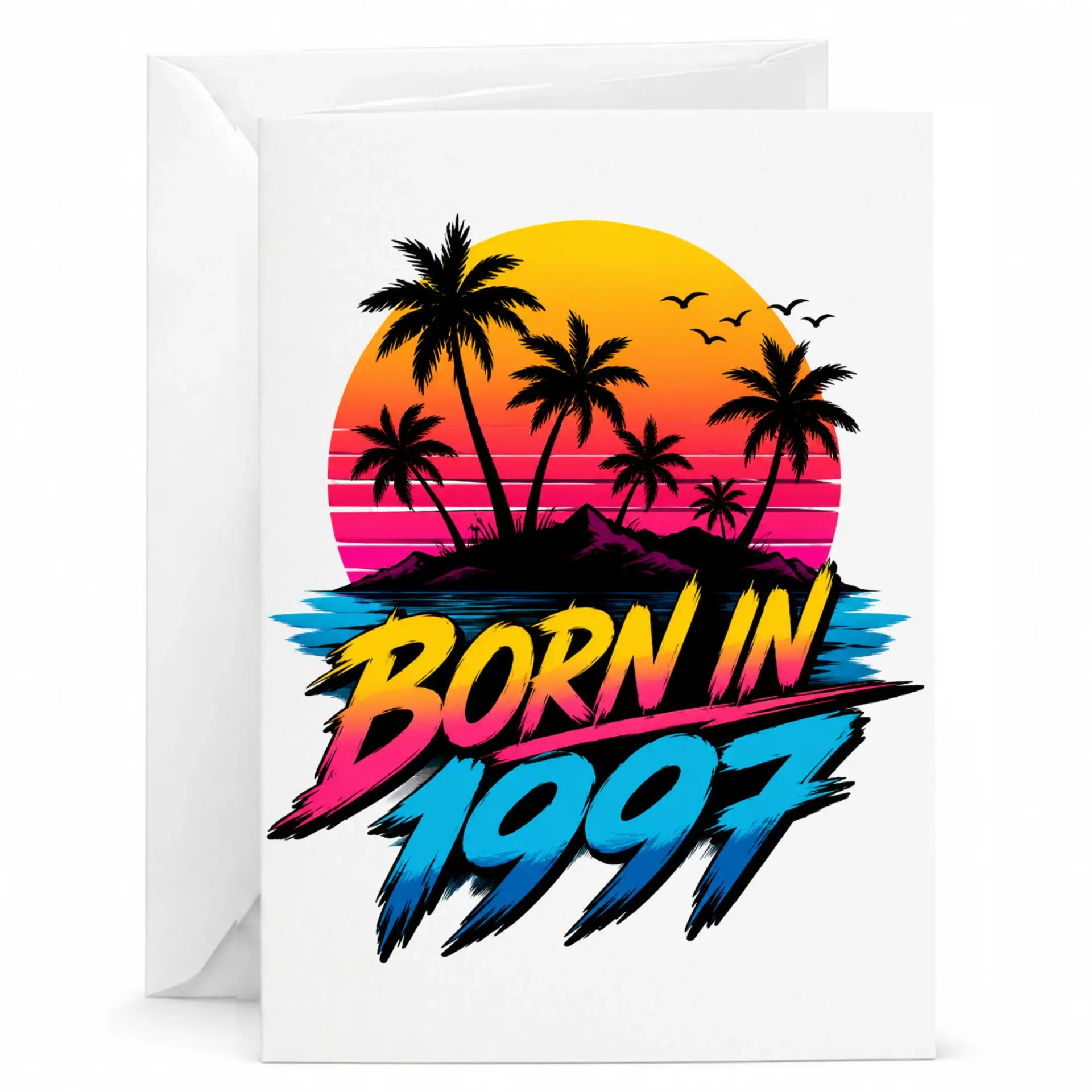 Birthday Card Born in 1997 Retro Palm Tree Sunset Graphic Greeting Card for Milestone Celebration and Anniversary