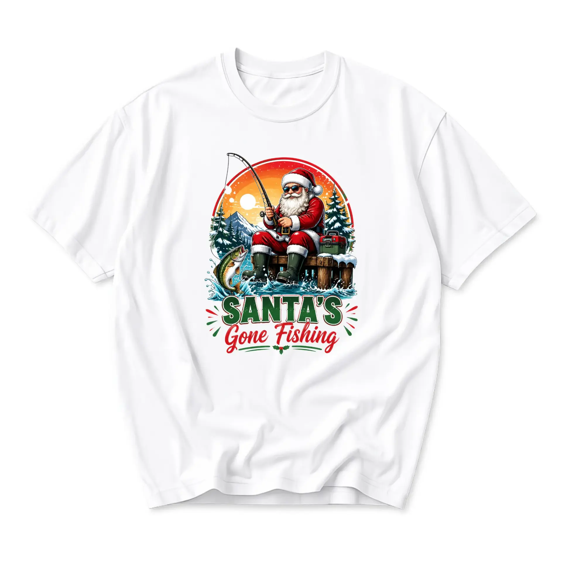 Funny Shirt Santa's Gone Fishing Graphic Tee Unisex Casual Crew Neck Holiday Humor Cotton Blend Apparel White T-Shirt