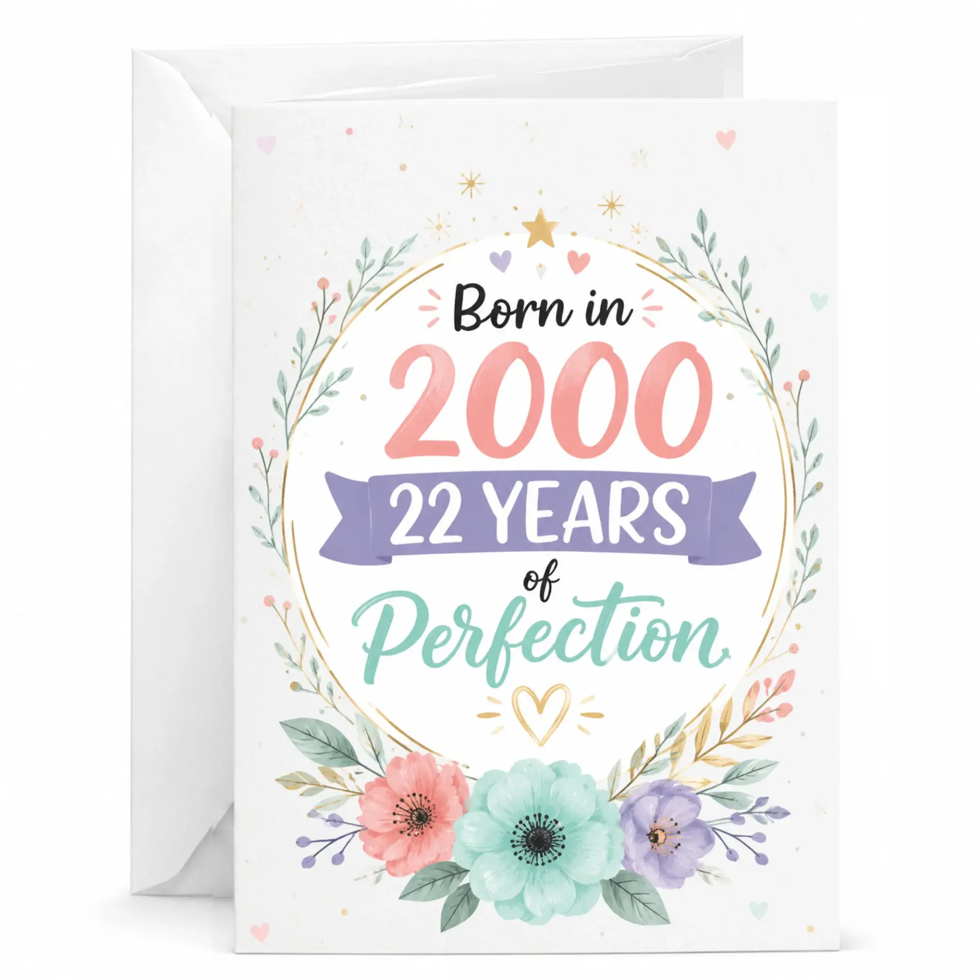 Birthday Card Born in 2000 22 Years of Perfection Floral Greeting Card for Milestone Birthday Celebration
