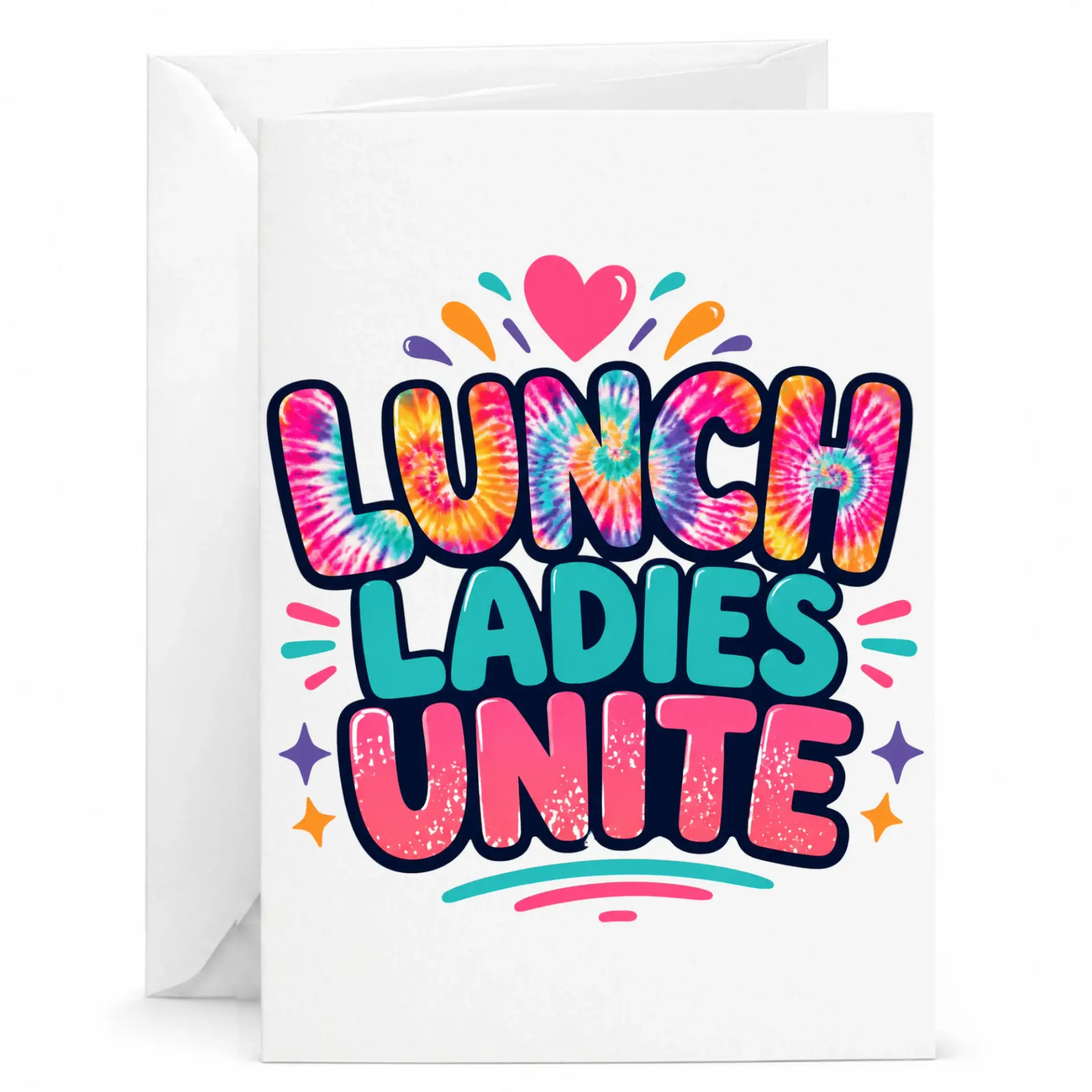 Funny Lunch Ladies Unite Greeting Card Retro Tie Dye Design with Heart Graphic for Staff Appreciation and Workplace Humor