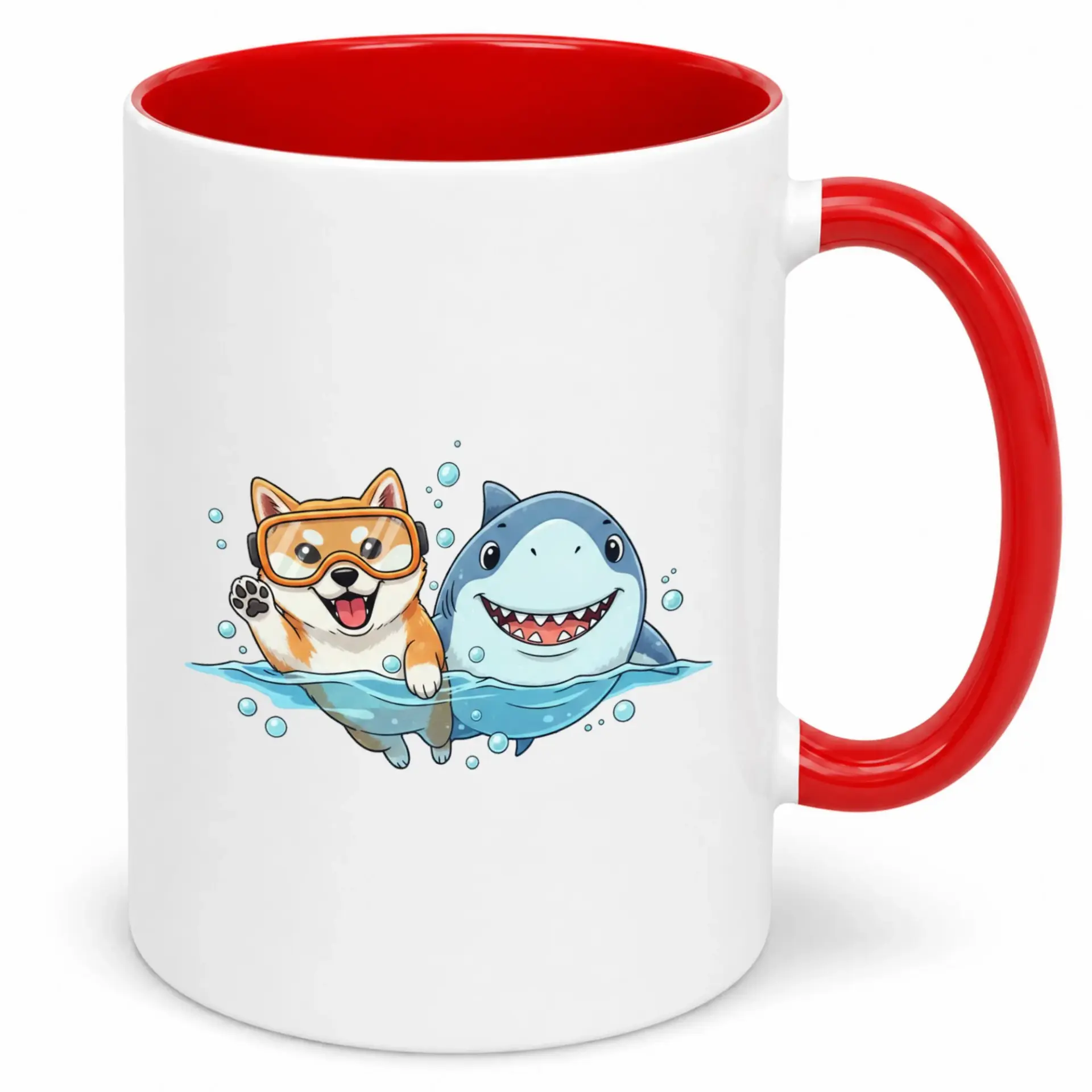Funny Dog and Shark Friends Swimming Ceramic Coffee Mug, Cute Animal Themed Drinkware for Home Office Kitchen
