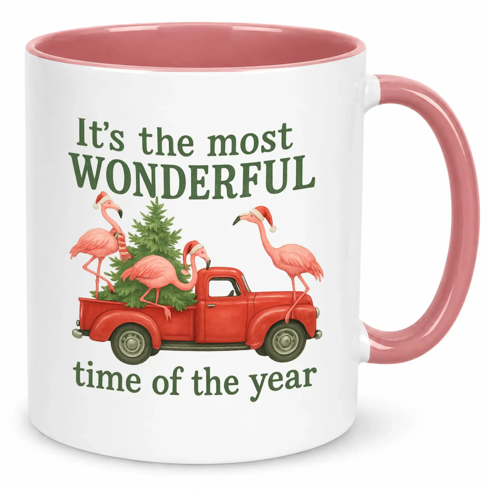 Funny Christmas Flamingo Ceramic Coffee Mug with Holiday Truck and Tree Design, Festive Drinkware for Winter Season