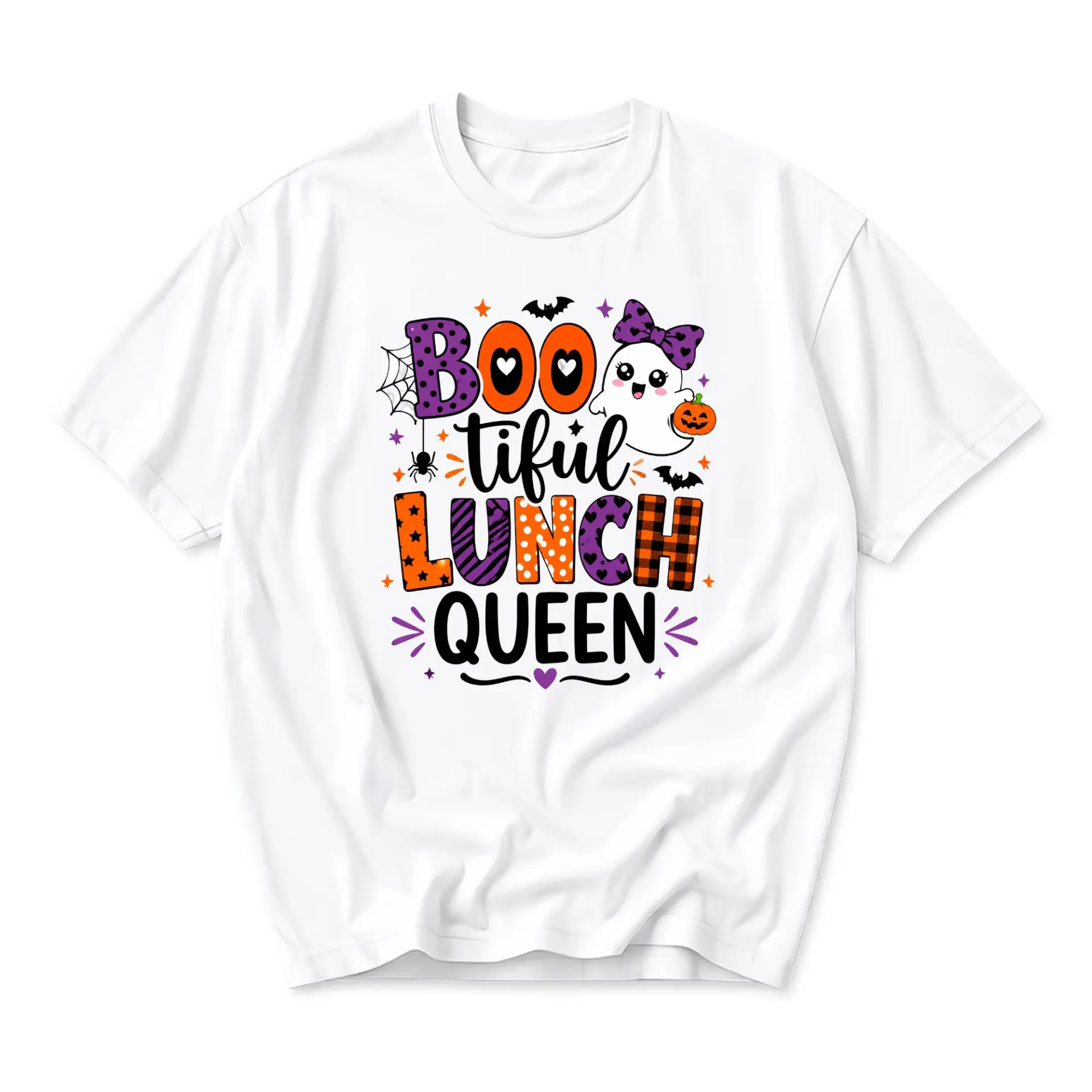Funny Shirt Bootiful Lunch Queen Graphic Tee Seasonal Halloween Print Cotton Blend Unisex Casual Crew Neck T-Shirt