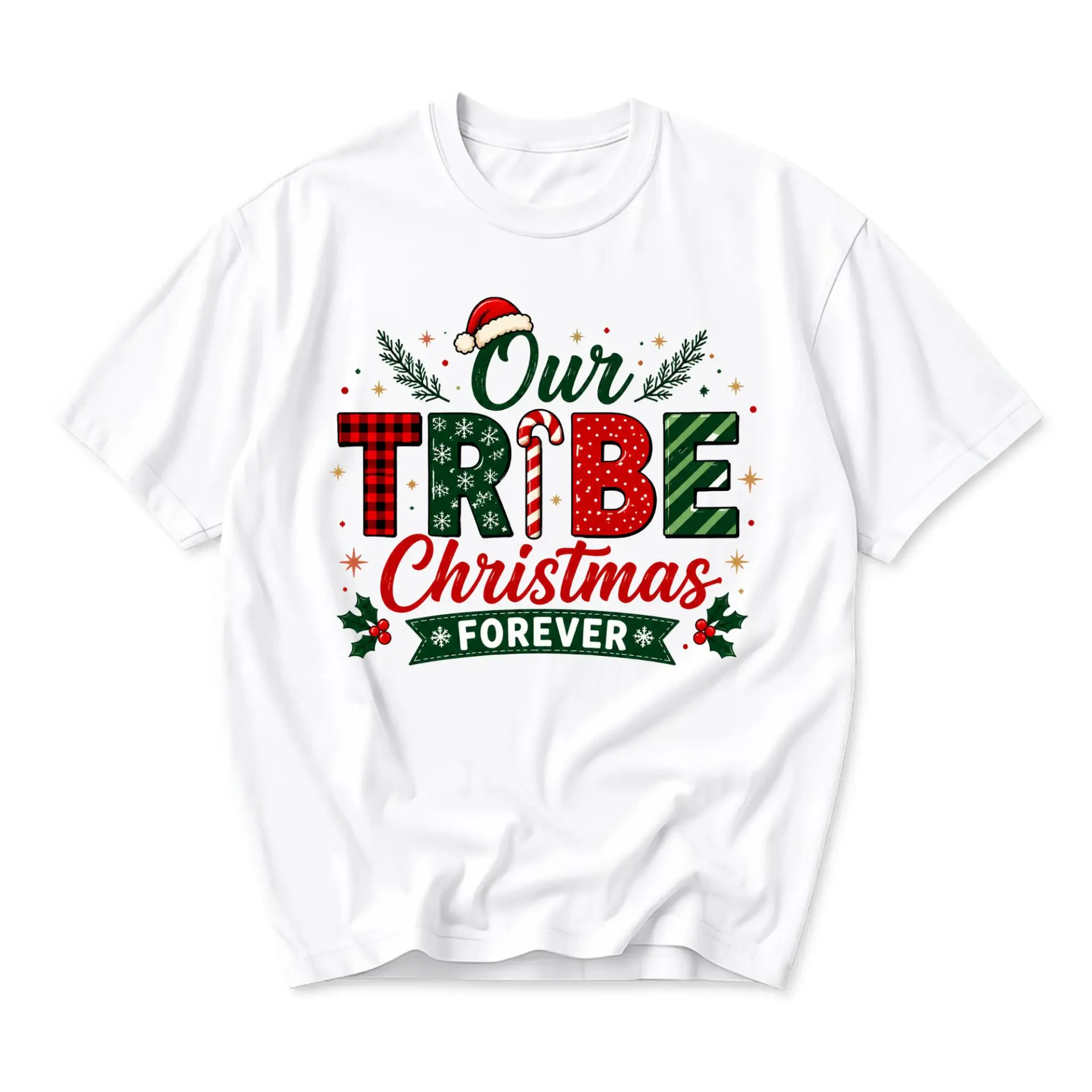 Funny Shirt Our Tribe Christmas Forever Graphic Tee Holiday Season Winter Apparel Unisex Crew Neck Casual Cotton Top