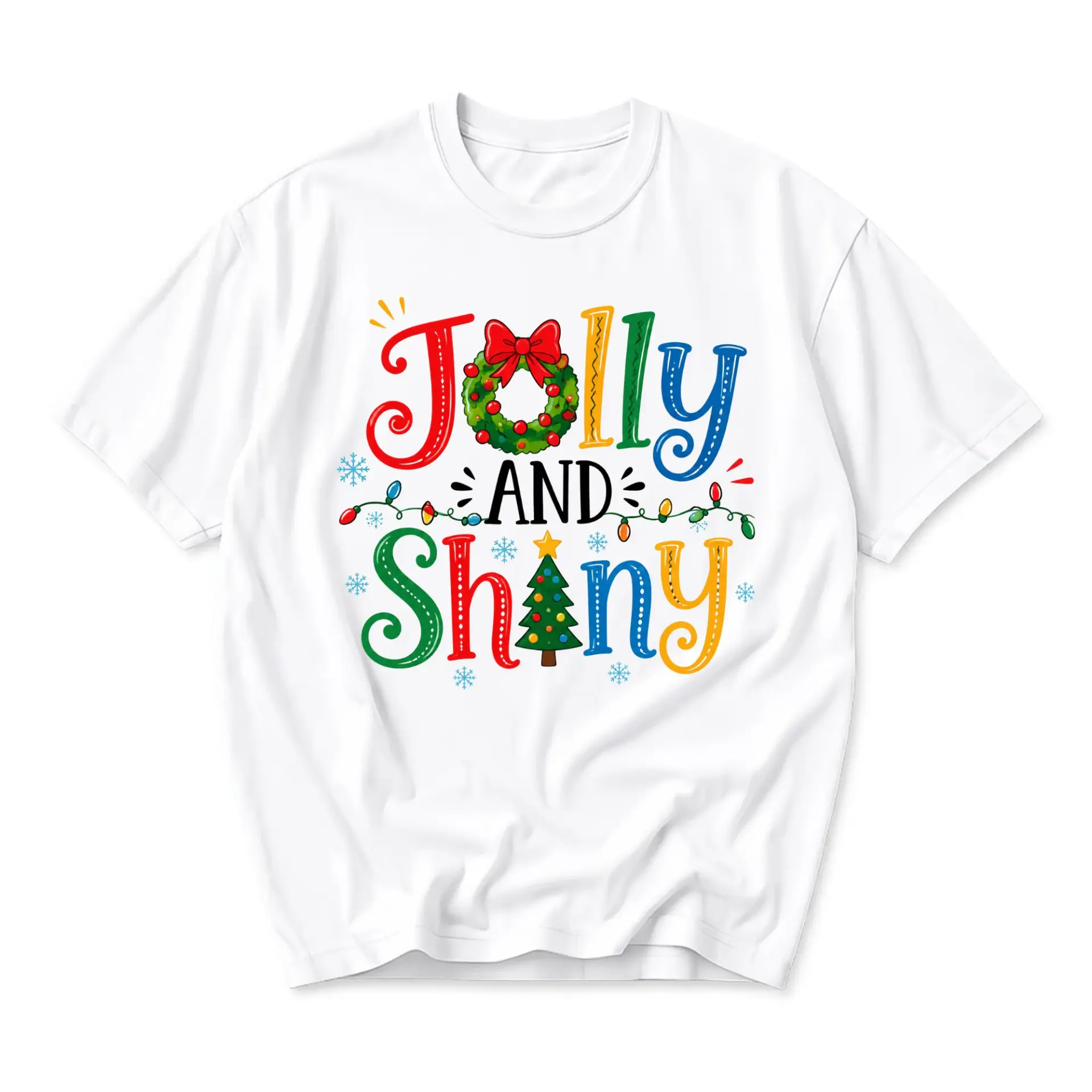 Graphic Tee Jolly and Shiny Christmas Holiday Shirt Unisex Crew Neck Seasonal Apparel for Everyday Casual Comfort