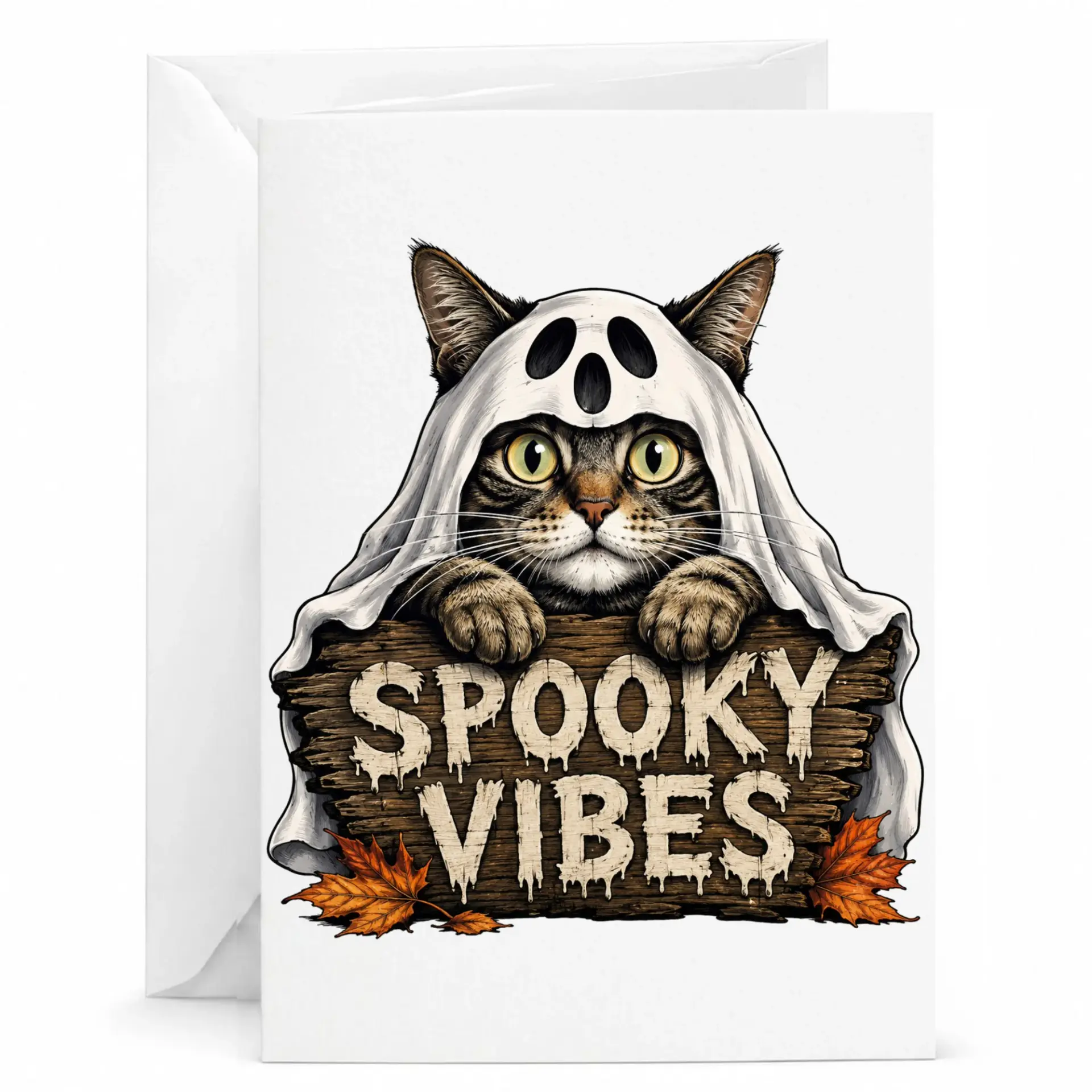Funny Cat Halloween Greeting Card Spooky Vibes Autumn Theme Stationary for Fall Celebrations and Seasonal Greetings