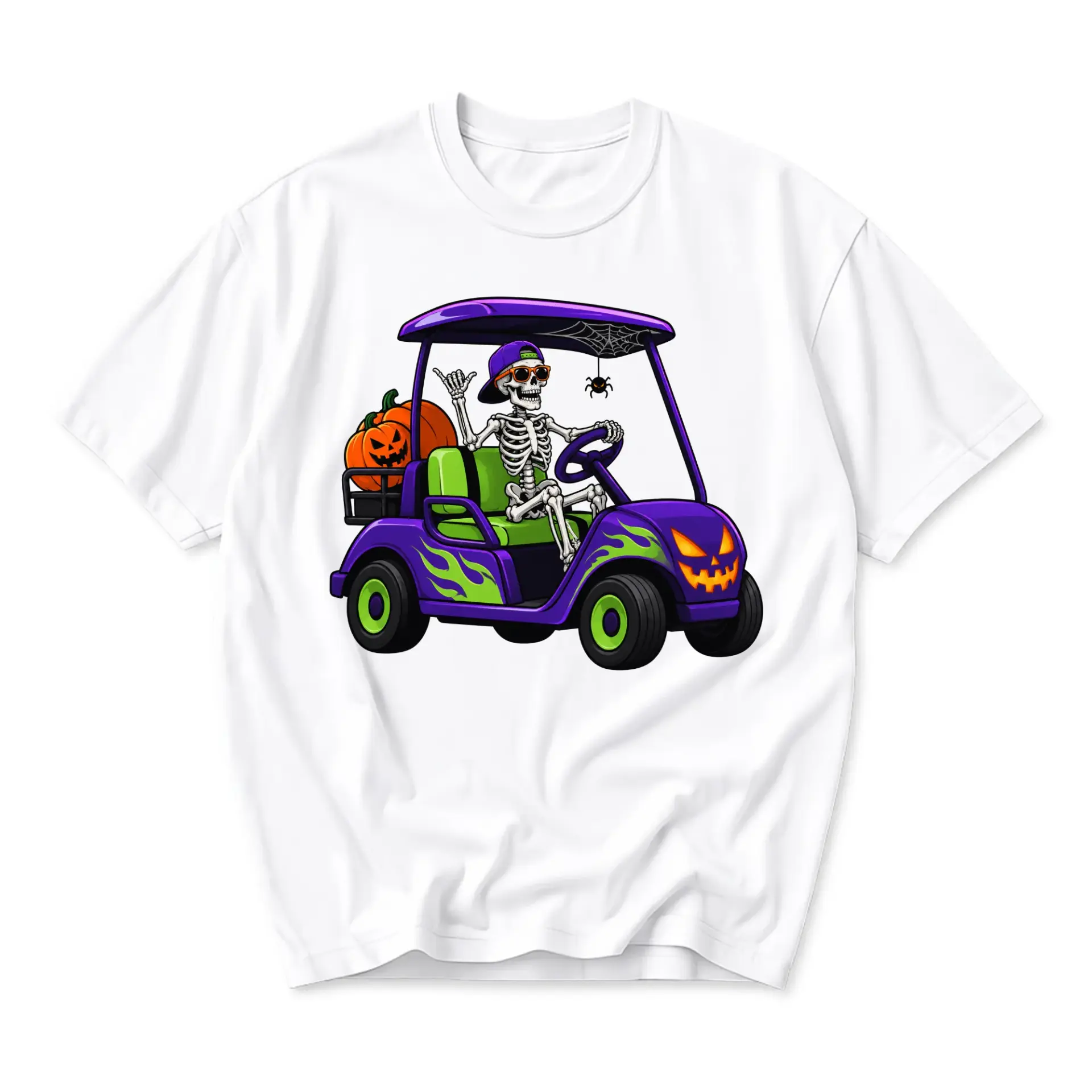 Graphic Tee Unisex Skeleton Driving Golf Cart with Pumpkin Halloween Apparel Casual Crew Neck Cotton Blend Shirt