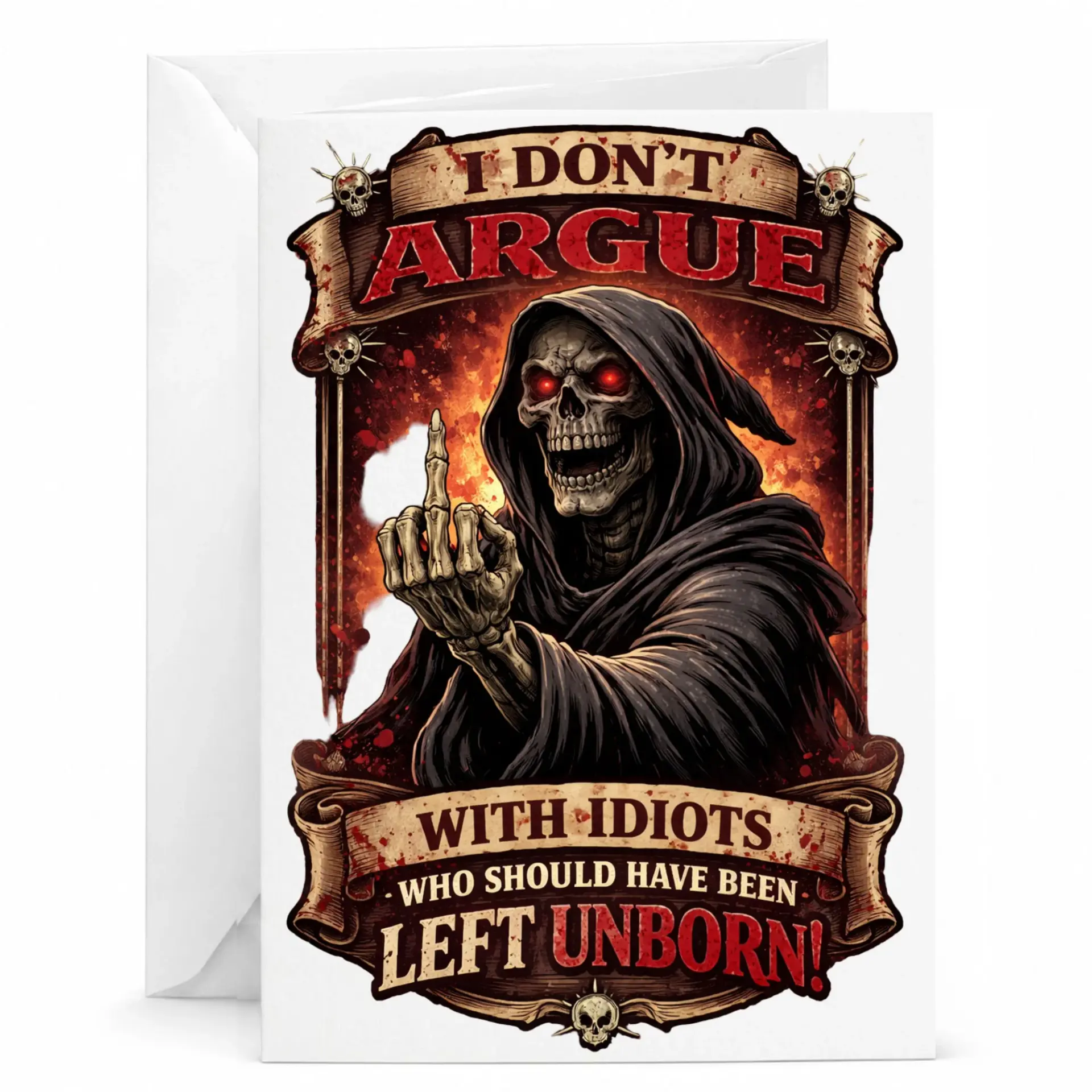 Funny Sarcastic Greeting Card with Grim Illustration for Friends