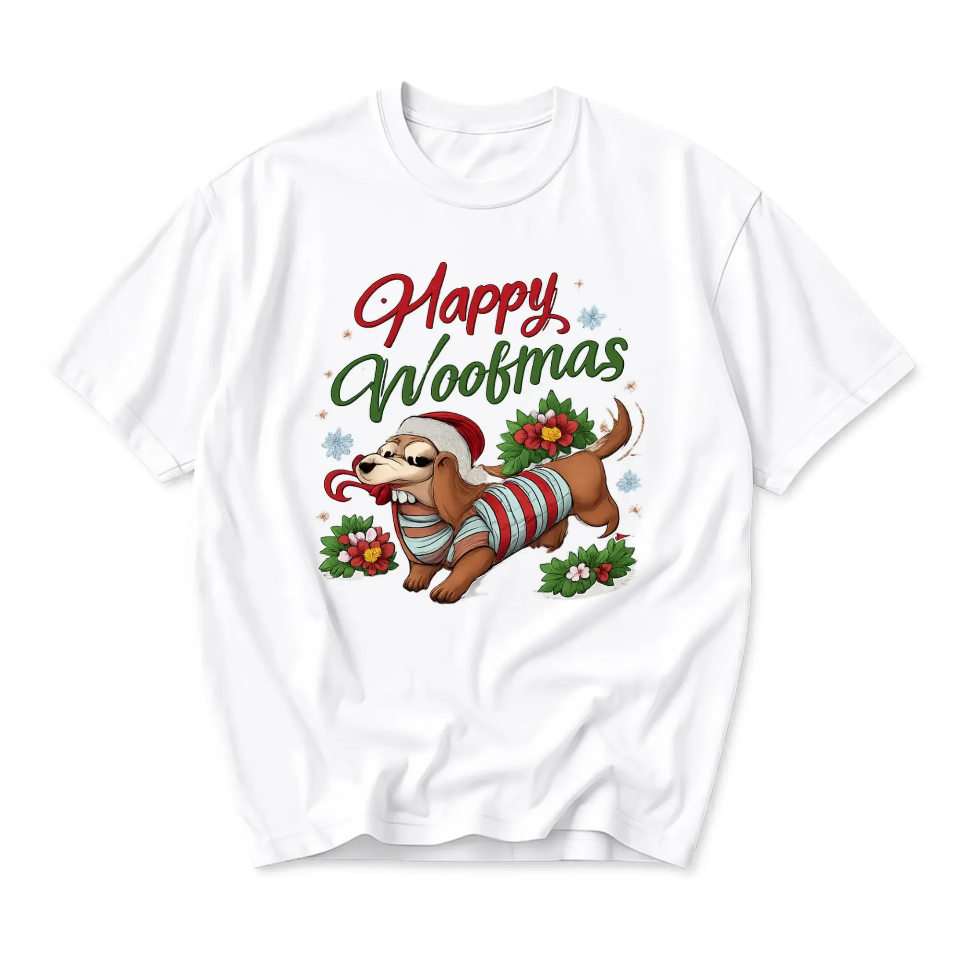 Funny Shirt Happy Woofmas Dachshund Christmas Graphic Tee Unisex Crew Neck