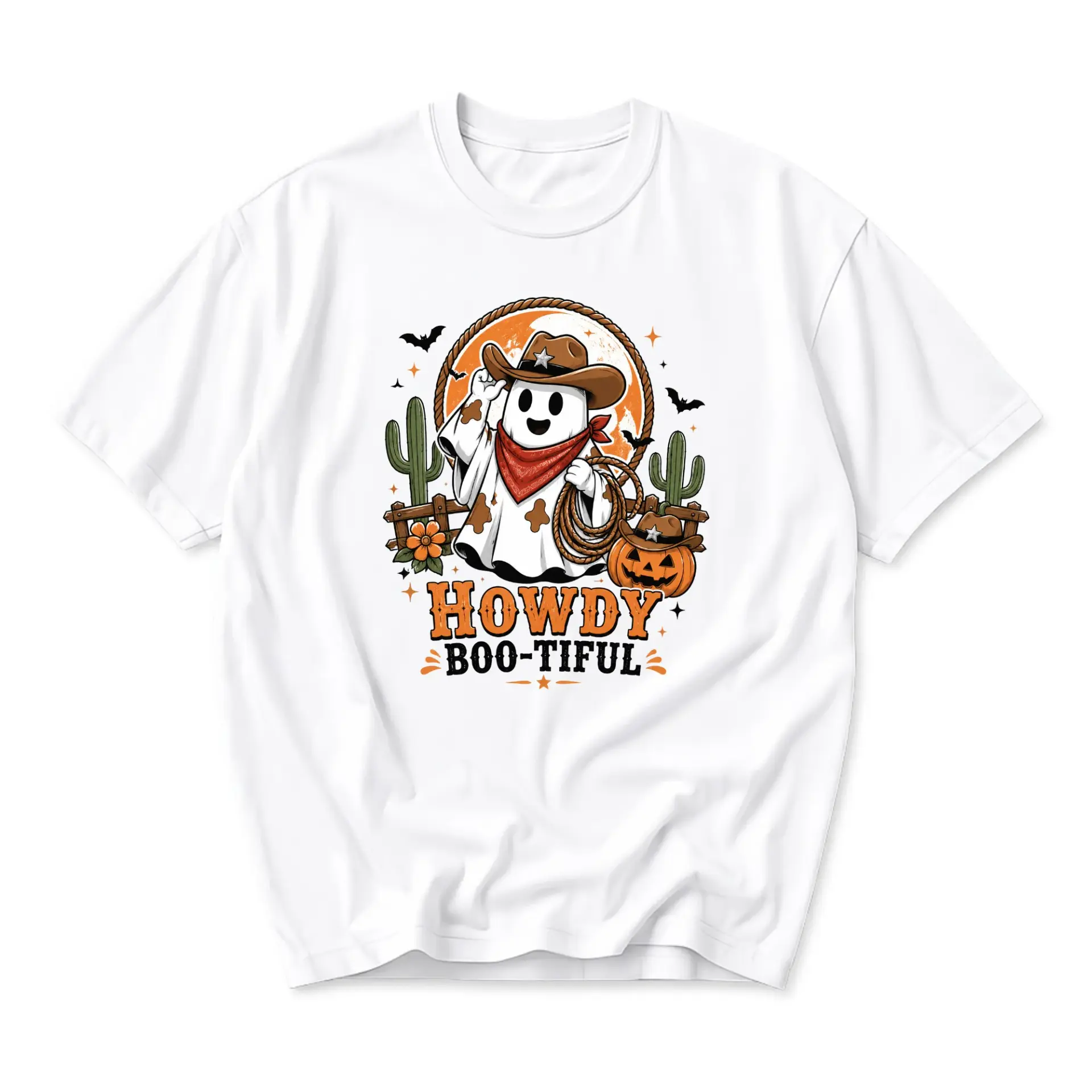 Funny Shirt Howdy Boo-Tiful Western Ghost Cowboy Graphic Tee Short Sleeve Casual Crew Neck Unisex Apparel White