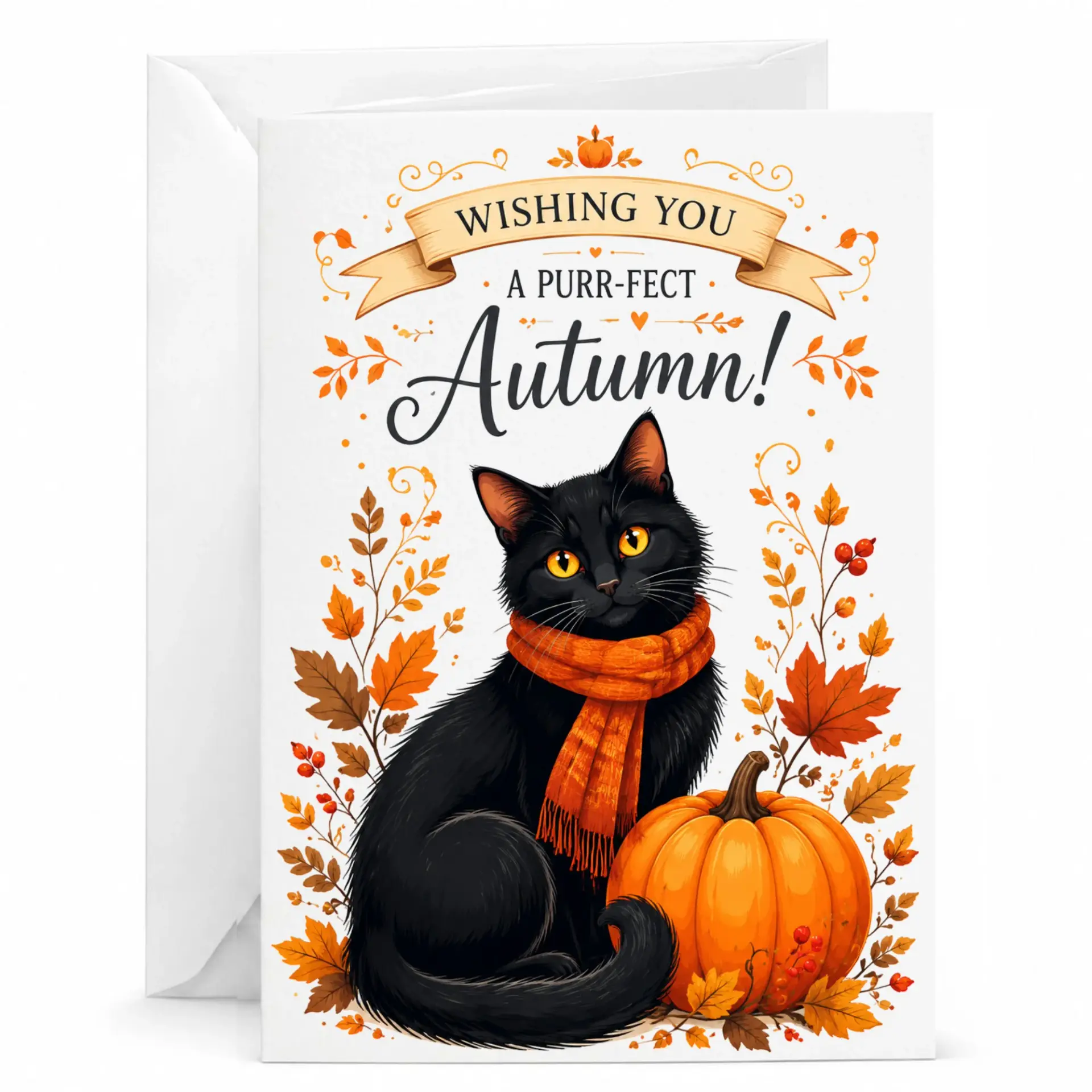Funny Cat Greeting Card Wishing You a Purr-Fect Autumn Seasonal Fall Pumpkin Theme Folded Note with White Envelope