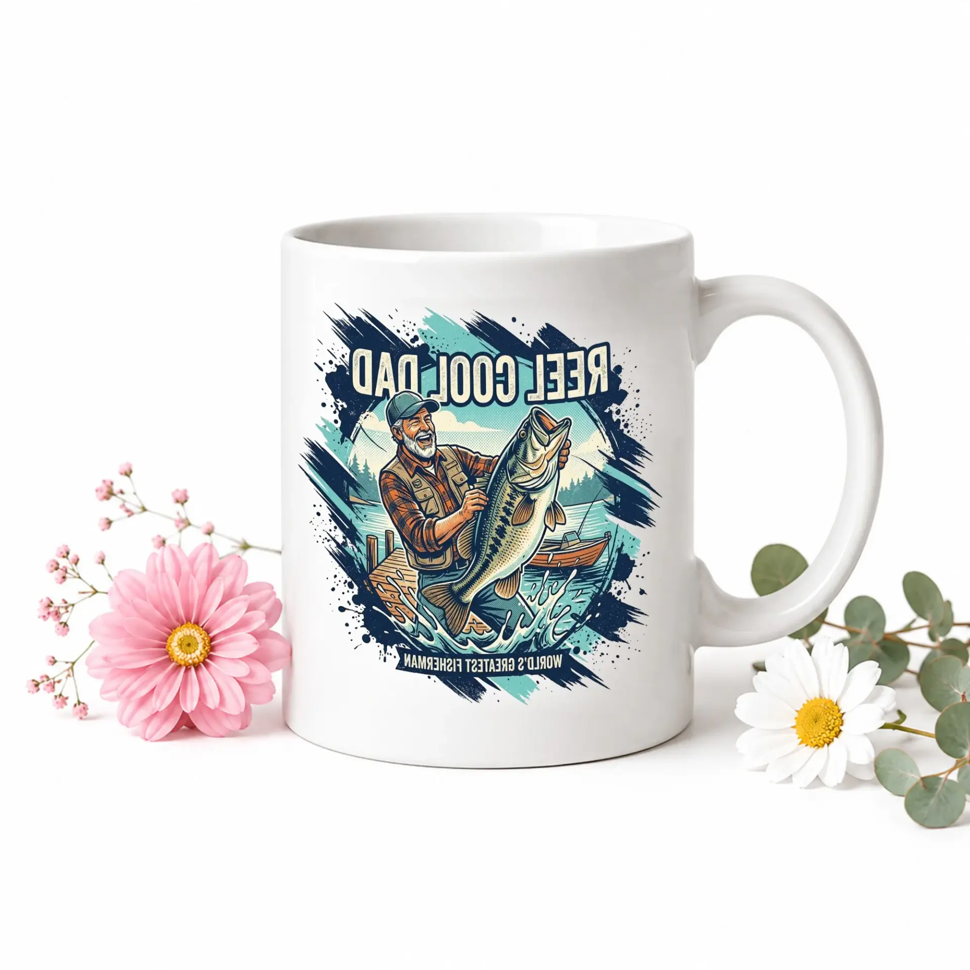 Reel Cool Dad Ceramic Coffee Mug Featuring a Fisherman Holding a Large Design with Vibrant Blue Handle and Rim