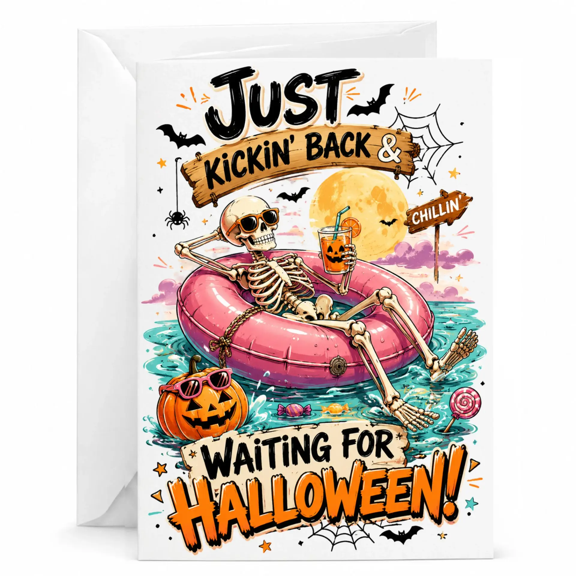 Funny Halloween Greeting Card Skeleton Relaxing in Pool Seasonal Holiday Stationery for Fall Celebrations