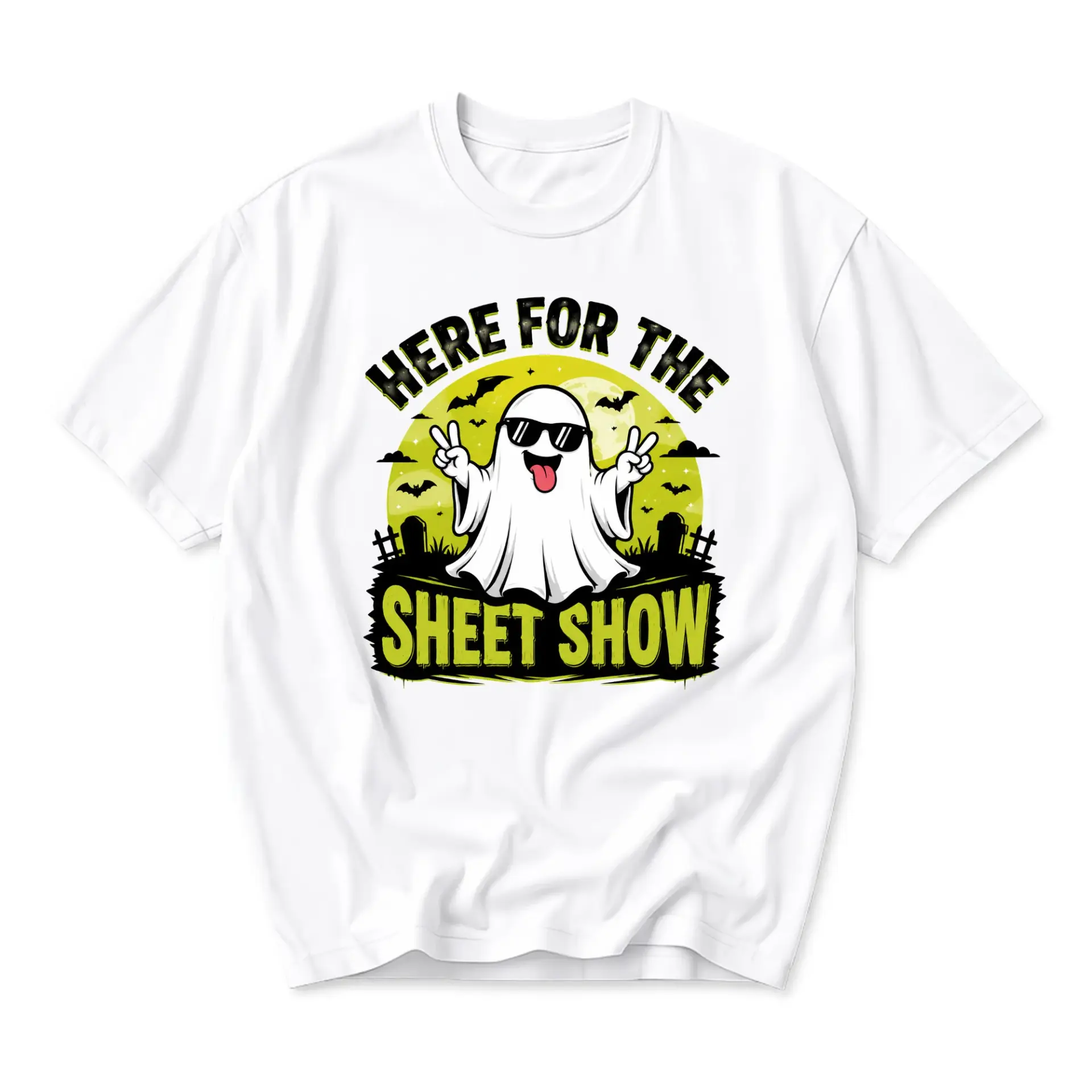Funny Shirt Here for the Sheet Show Ghost Graphic Tee Unisex Casual Crew Neck Comfortable Cotton Blend Streetwear