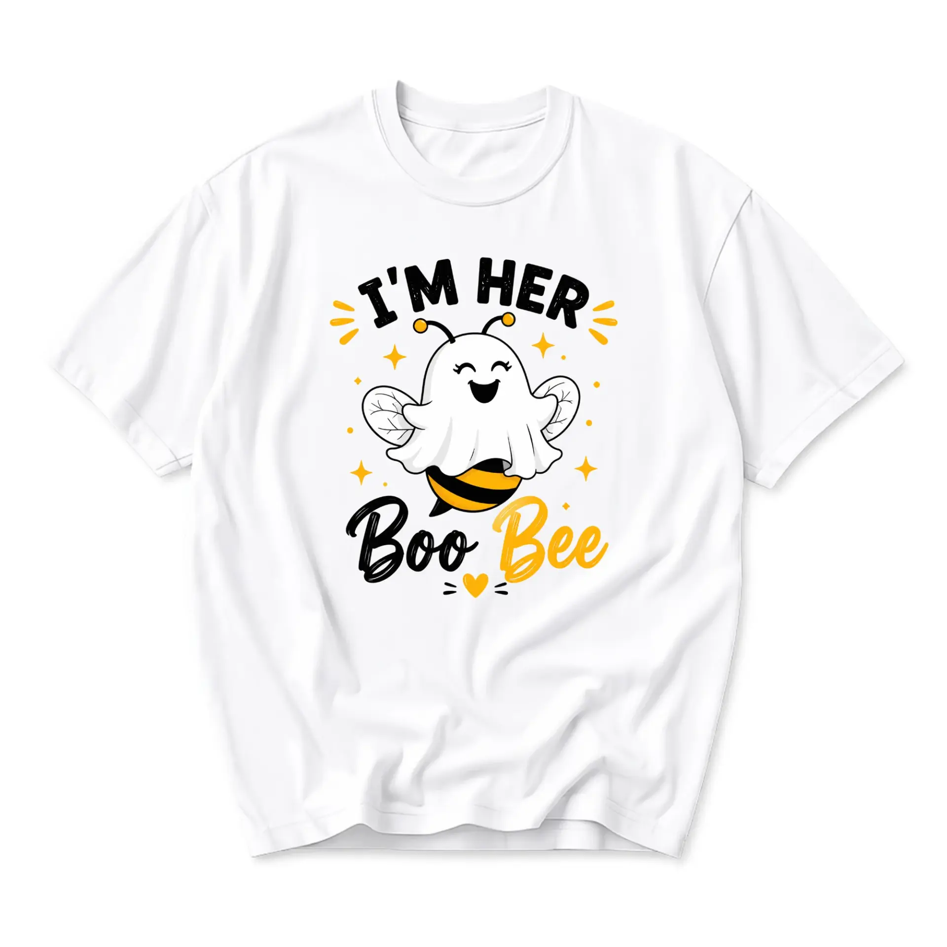 Funny Shirt I'm Her Boo Bee Graphic Tee Cute Ghost Honeybee Illustration Seasonal Casual Short Sleeve Crewneck Top