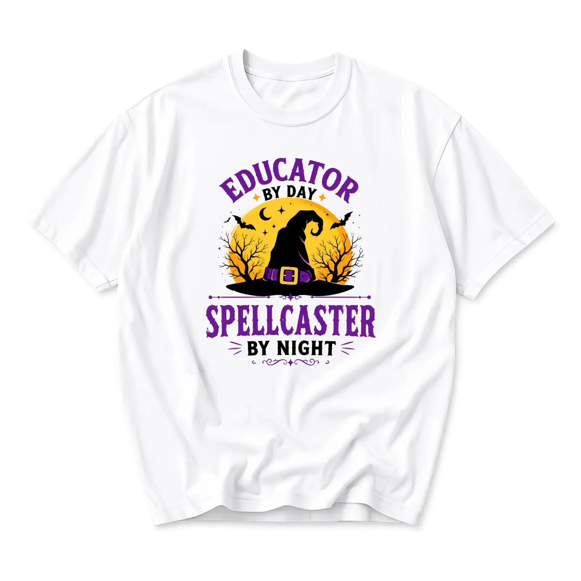 Funny Shirt Educator by Day Spellcaster by Night Graphic Tee Seasonal Holiday Apparel for Comfortable Everyday Wear