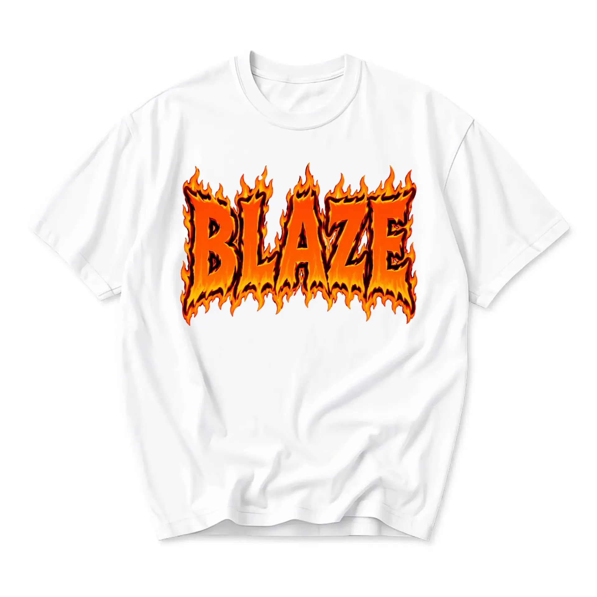 Graphic Tee Unisex Crew Neck T-Shirt Featuring Blaze Text with Flame Inspired Lettering Design in Vibrant Orange