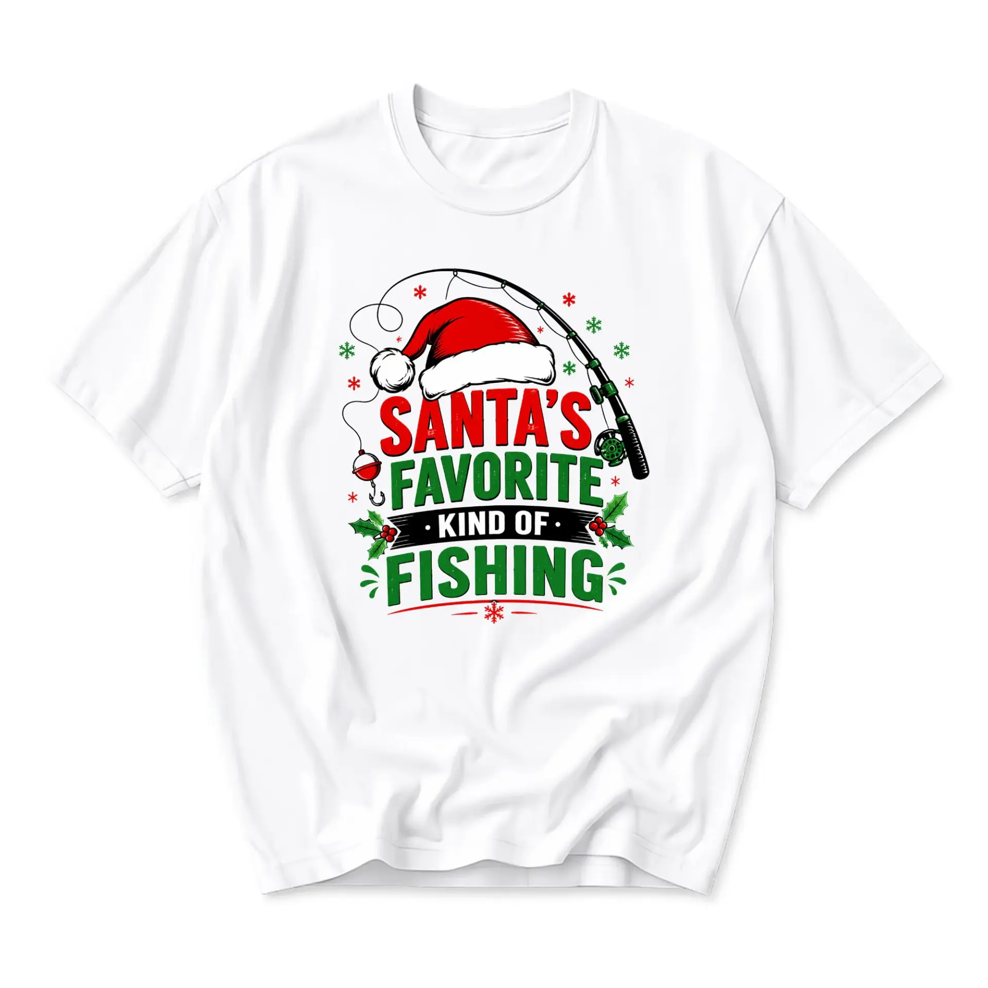 Funny Shirt Santa's Favorite Kind of Fishing Unisex Graphic Tee Holiday Themed Casual Cotton Blend Crew Neck Apparel