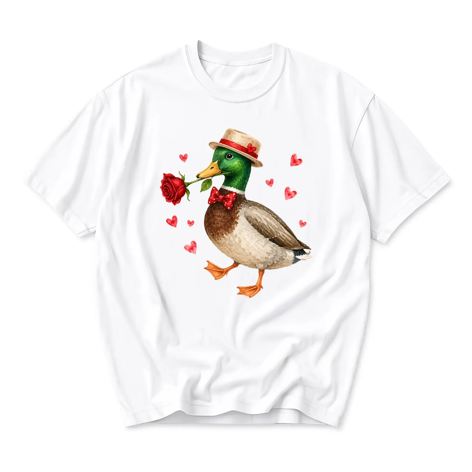 Graphic Tee Unisex Crew Neck T-Shirt Featuring a Charming Duck Holding a Red Rose in a Stylish Hat and Bowtie