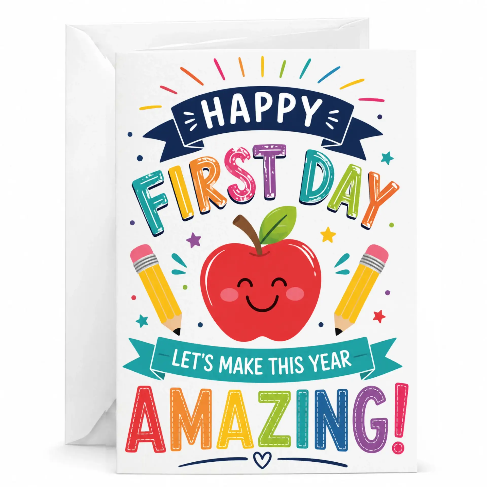 Happy First Day Greeting Card for and Encouragement Colorful School Theme 5x7 Note with Envelope