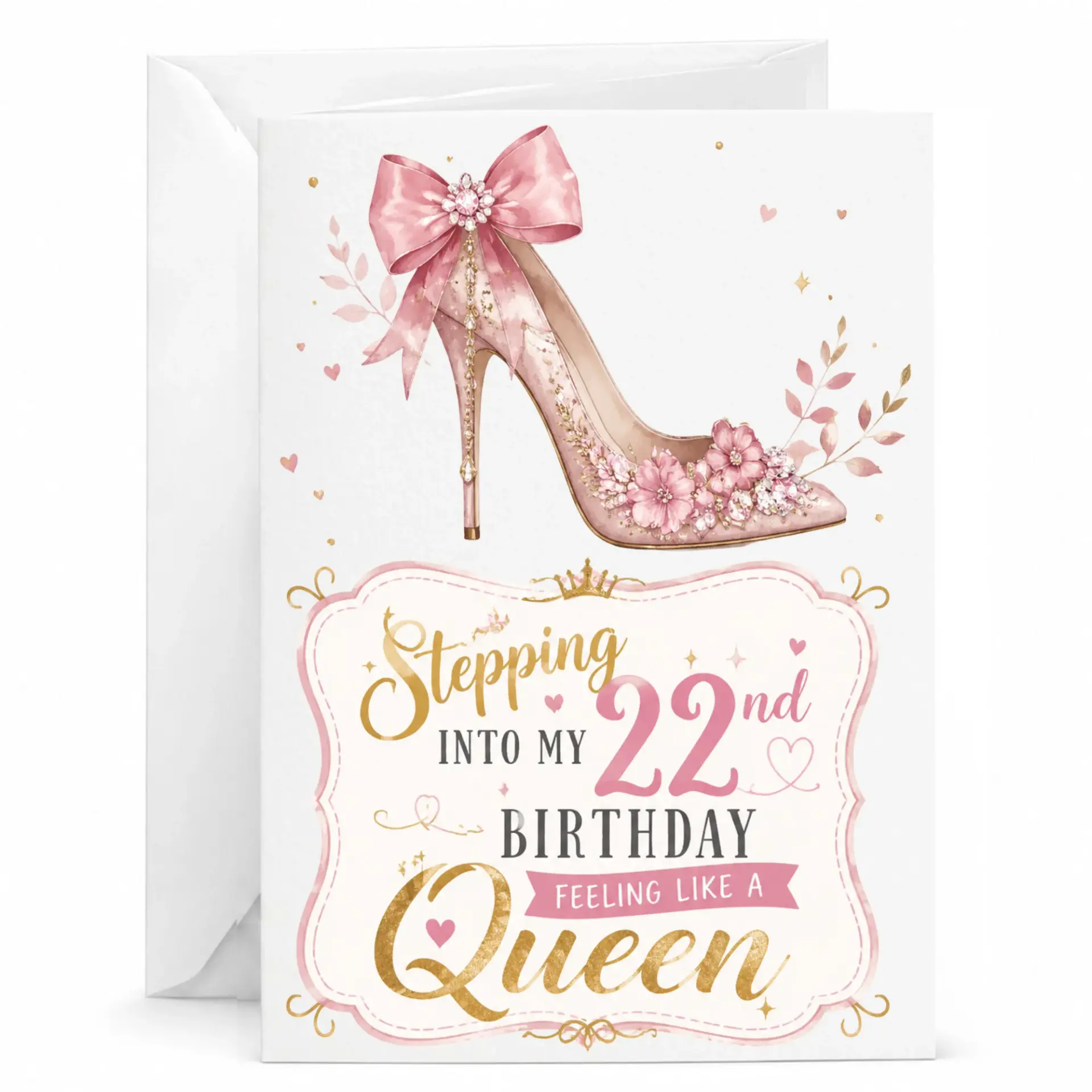 Birthday Card Stepping into My 22nd Birthday Feeling Like a Queen Floral High Heel Shoe Design Greeting Card