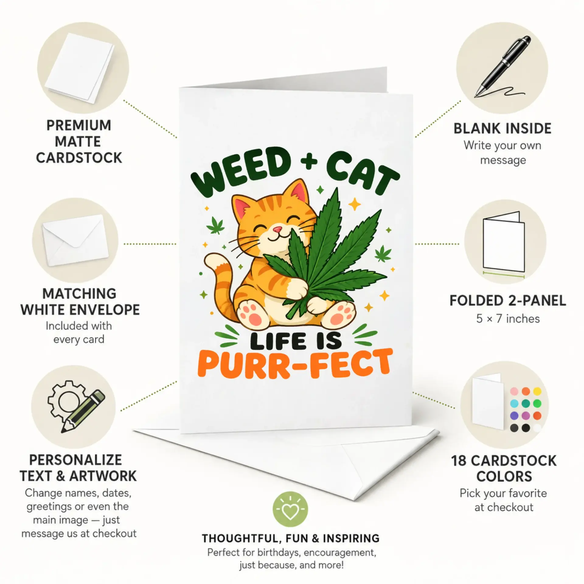 Funny Cat Greeting Card Weed and Cat Life Is Purr-Fect Cute Orange Kitten Botanical Art Note for Any Occasion