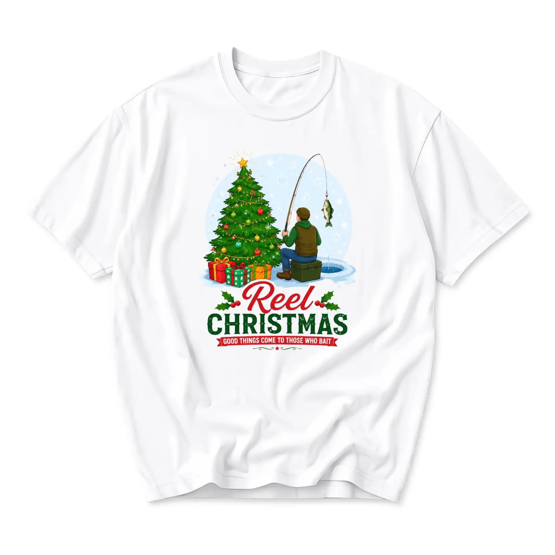 Funny Shirt Reel Christmas Fishing Graphic Tee Holiday Season Humor Apparel