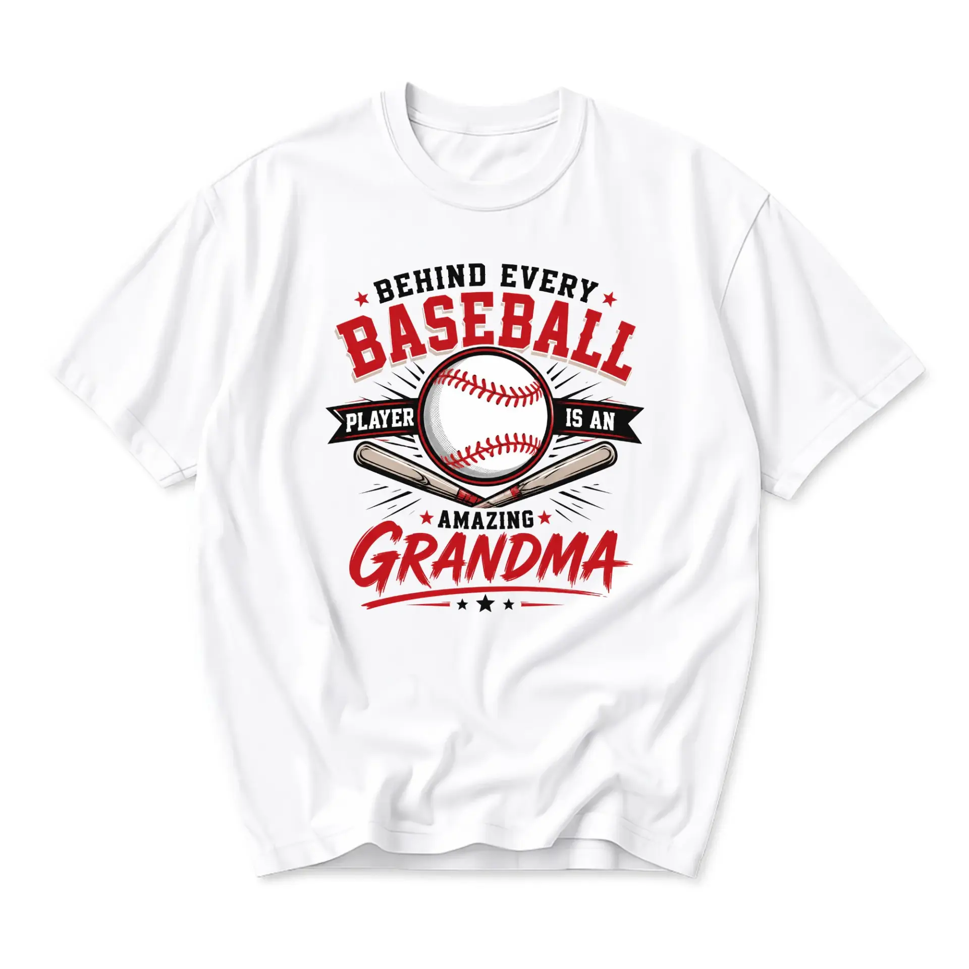 Funny Shirt Behind Every Baseball Player Is an Amazing Grandma Graphic Tee Unisex Casual Crew Neck Apparel White