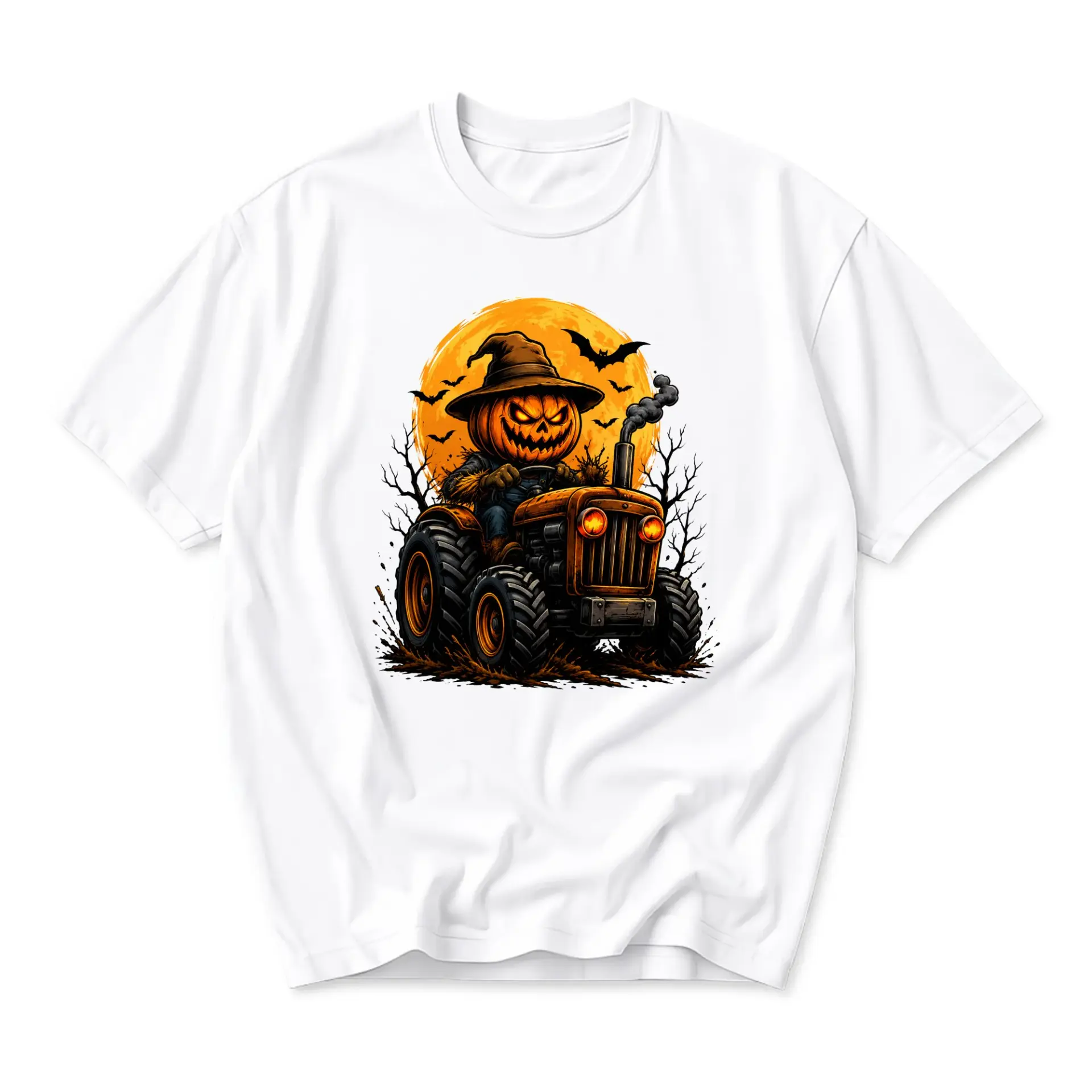 Graphic Tee Unisex T-Shirt Halloween Pumpkin Farmer Driving Tractor Illustration Seasonal Casual Fall Autumn Apparel