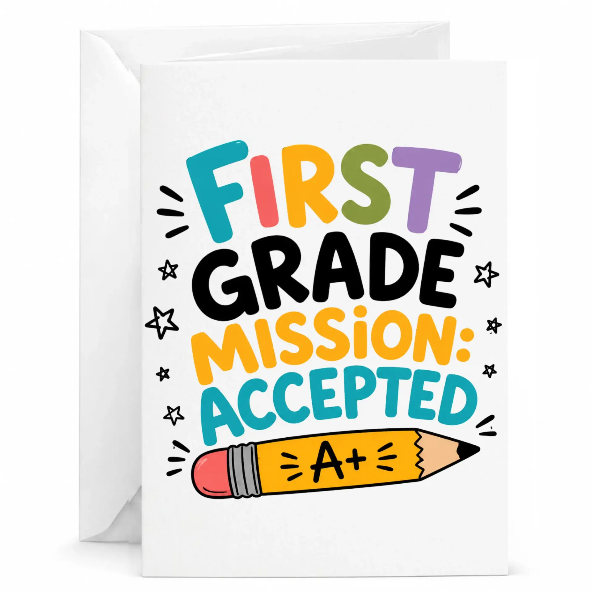 Greeting Card First Accepted Design with Colorful Pencil Illustration and Star Accents for Achievement