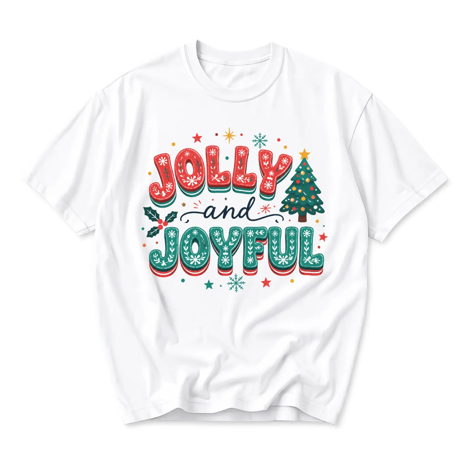 T-shirt Jolly and Joyful Holiday Graphic Tee Unisex Casual Crew Neck Soft Cotton Blend Festive Seasonal Apparel