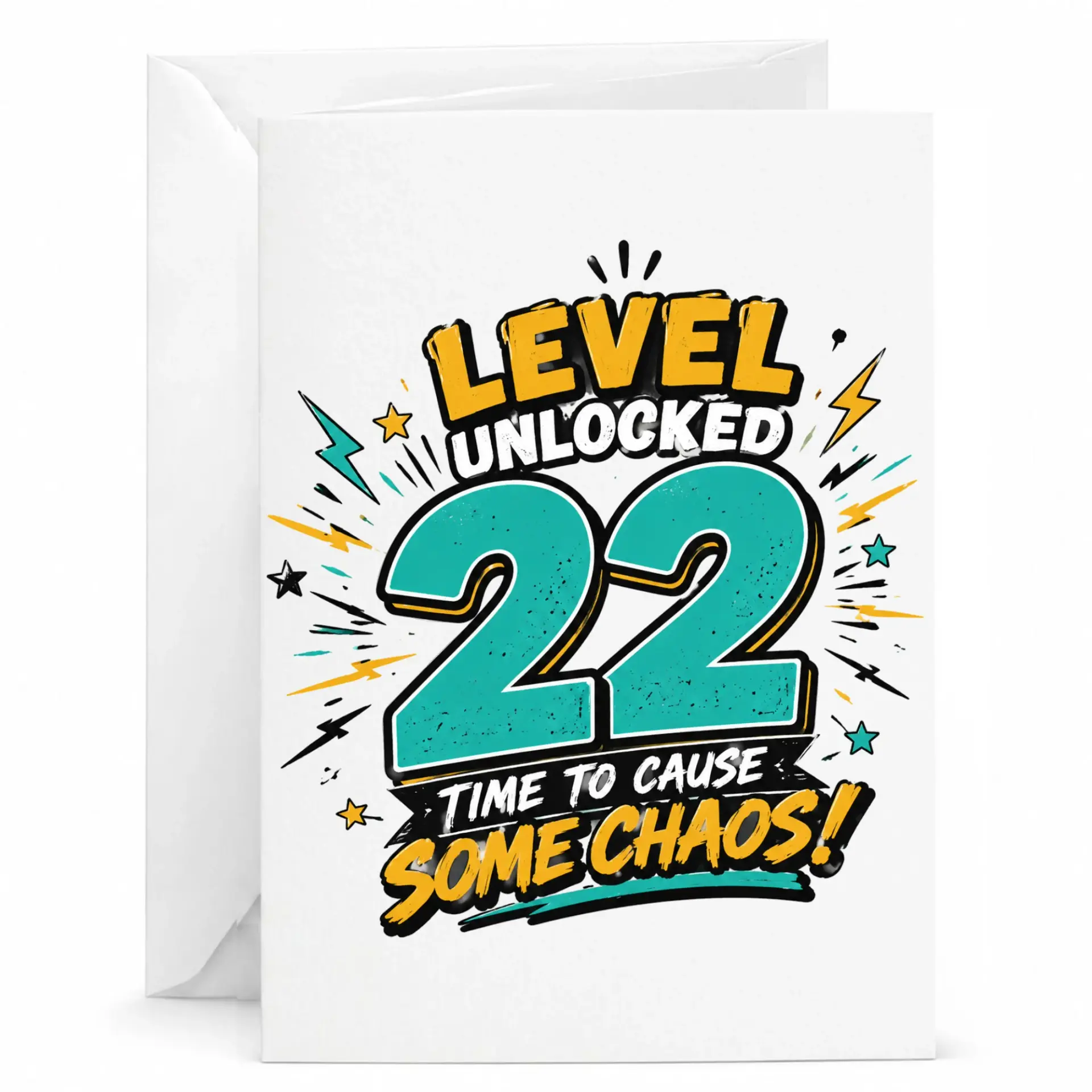 Funny Level 22 Unlocked Greeting Card, Time to Cause Some Chaos Birthday Card for Milestone Celebration