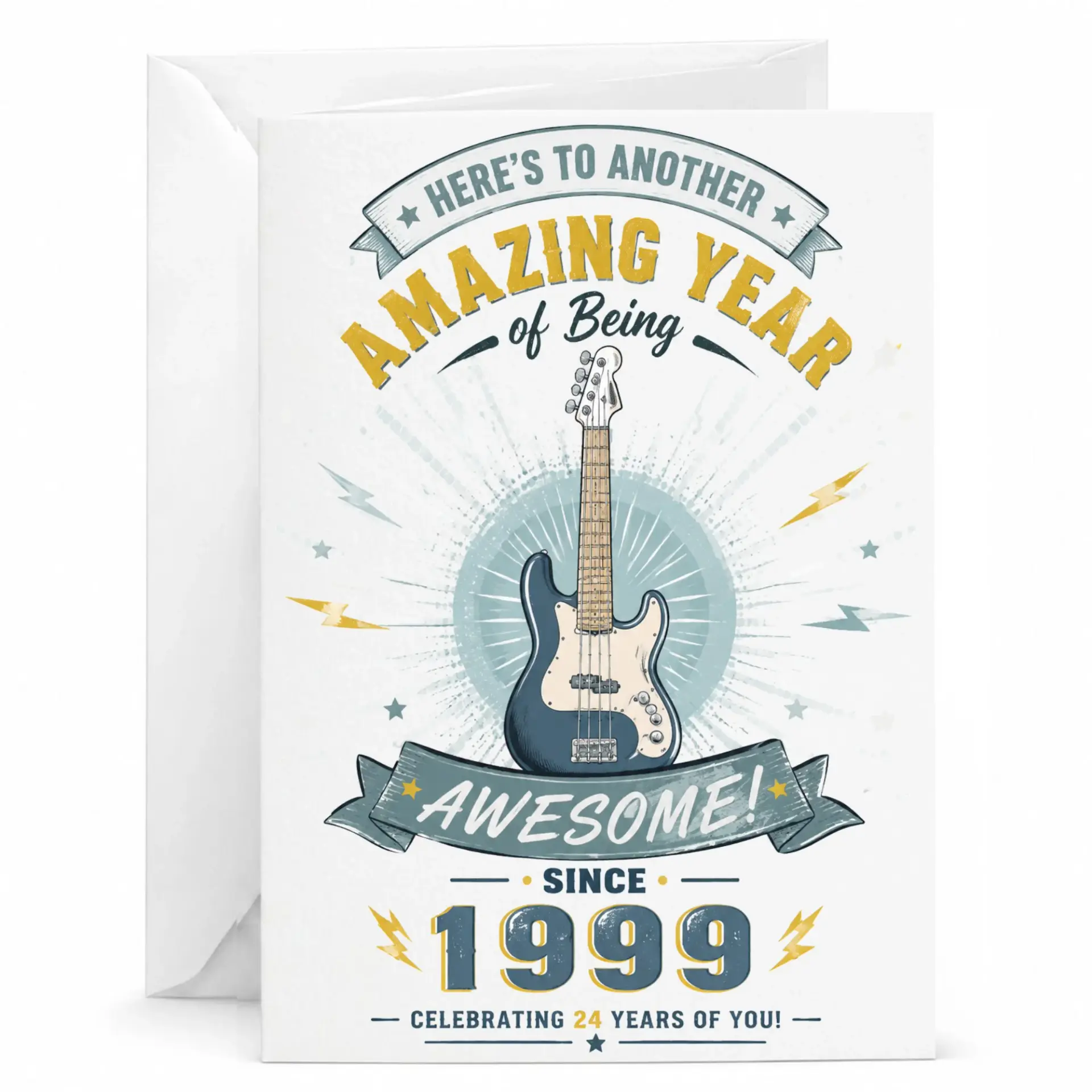 Birthday Card for 24th Birthday Guitar Player Theme Celebration Greeting Card with Matching White Envelope