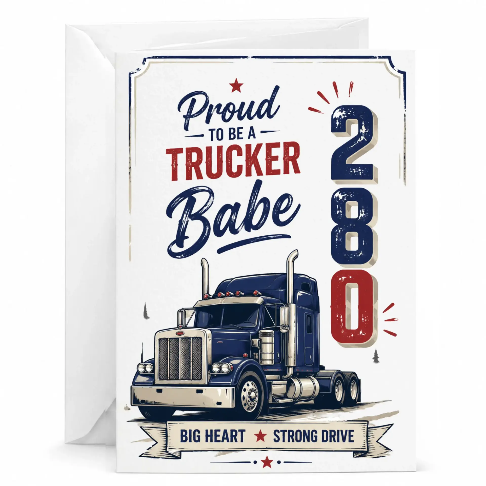 Proud to Be a Trucker Babe Greeting Card Featuring Semi Truck Illustration with Patriotic Colors for Professional Driver