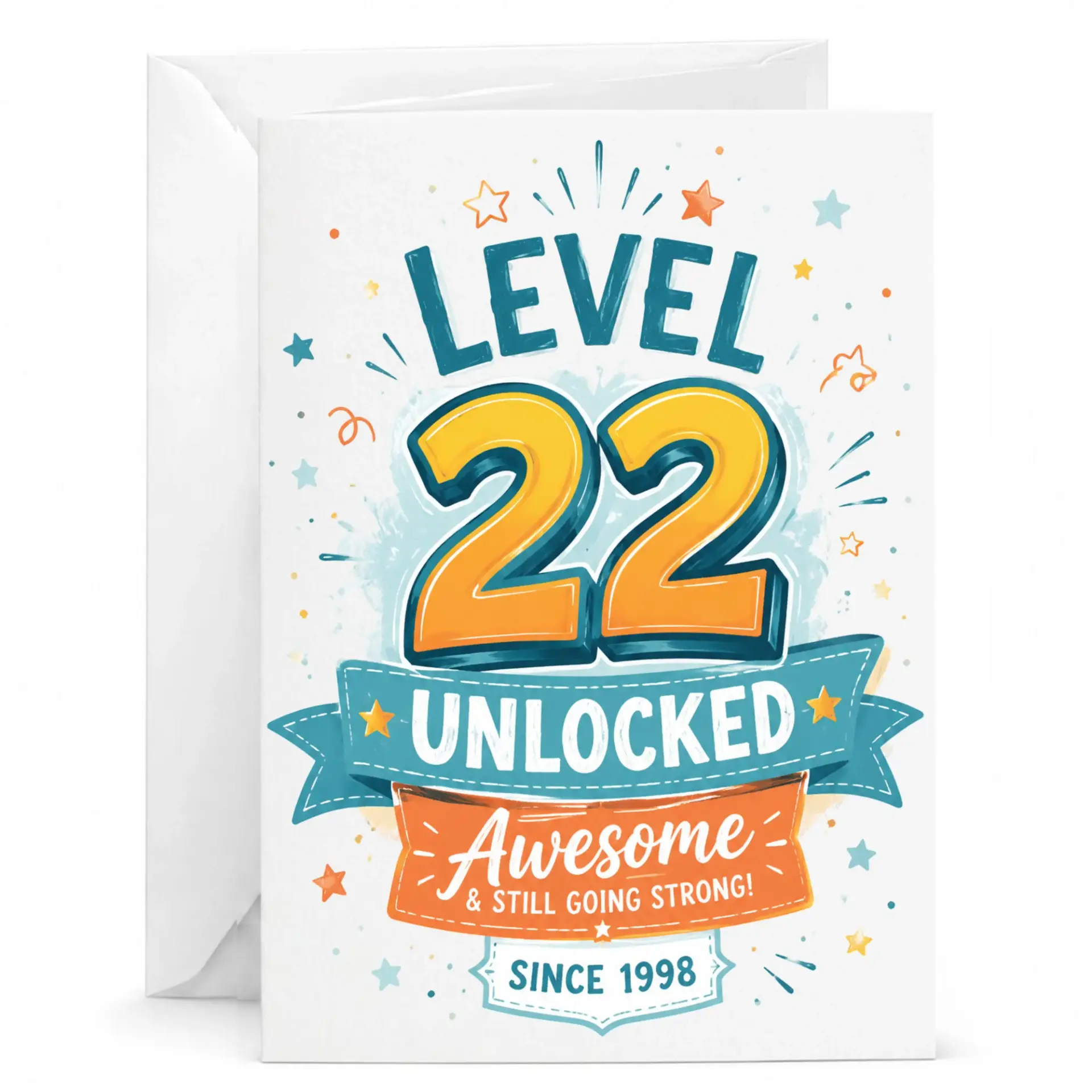 Birthday Card Level 22 Unlocked Awesome Since 1998 Greeting Card for Milestone Celebration with White Envelope