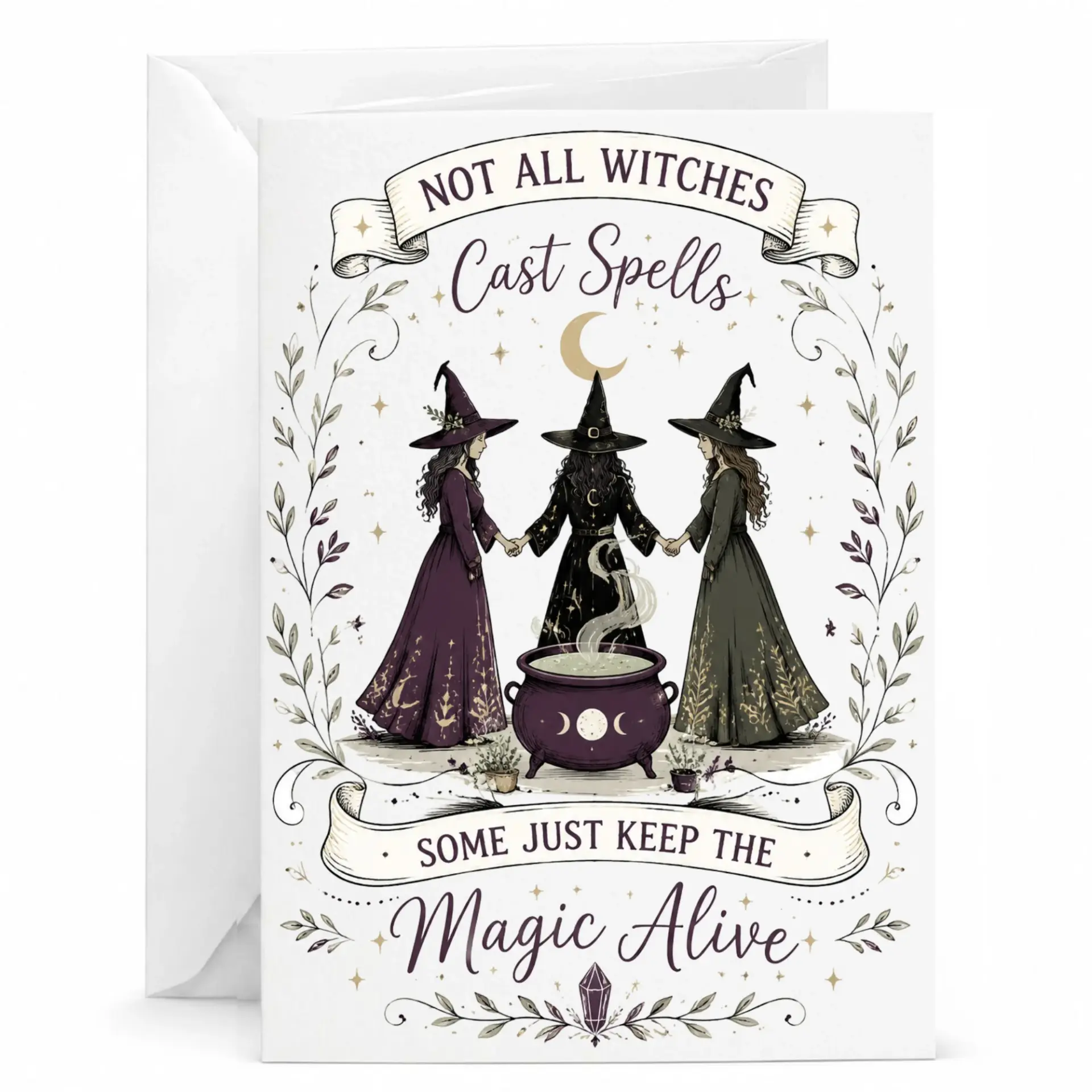 Funny Witch Greeting Card Magical Mystical Birthday Stationery with Three Witches and Cauldron