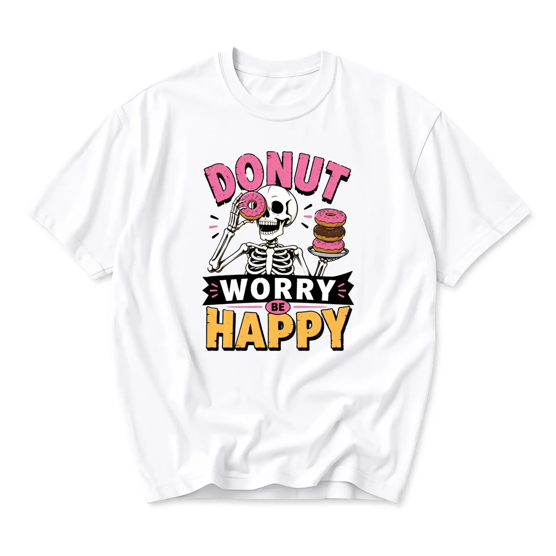 Funny Shirt Donut Worry Be Happy Skeleton Graphic Tee Casual Unisex Crew Neck Short Sleeve Cotton Blend T-Shirt