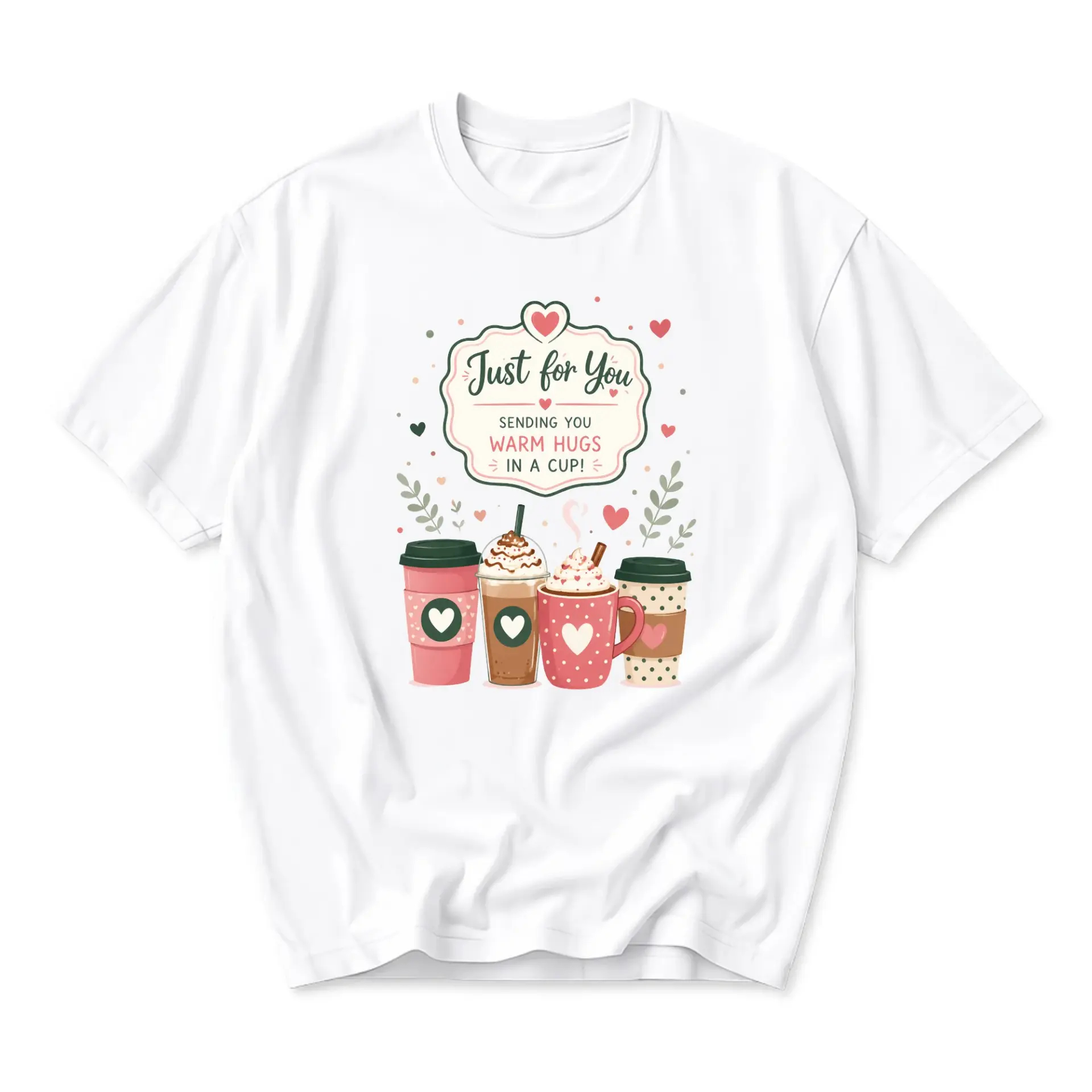 Graphic Tee Just for You Warm Hugs in a Cup Coffee Lover Unisex Casual Crew Neck Soft Cotton Blend Apparel Black