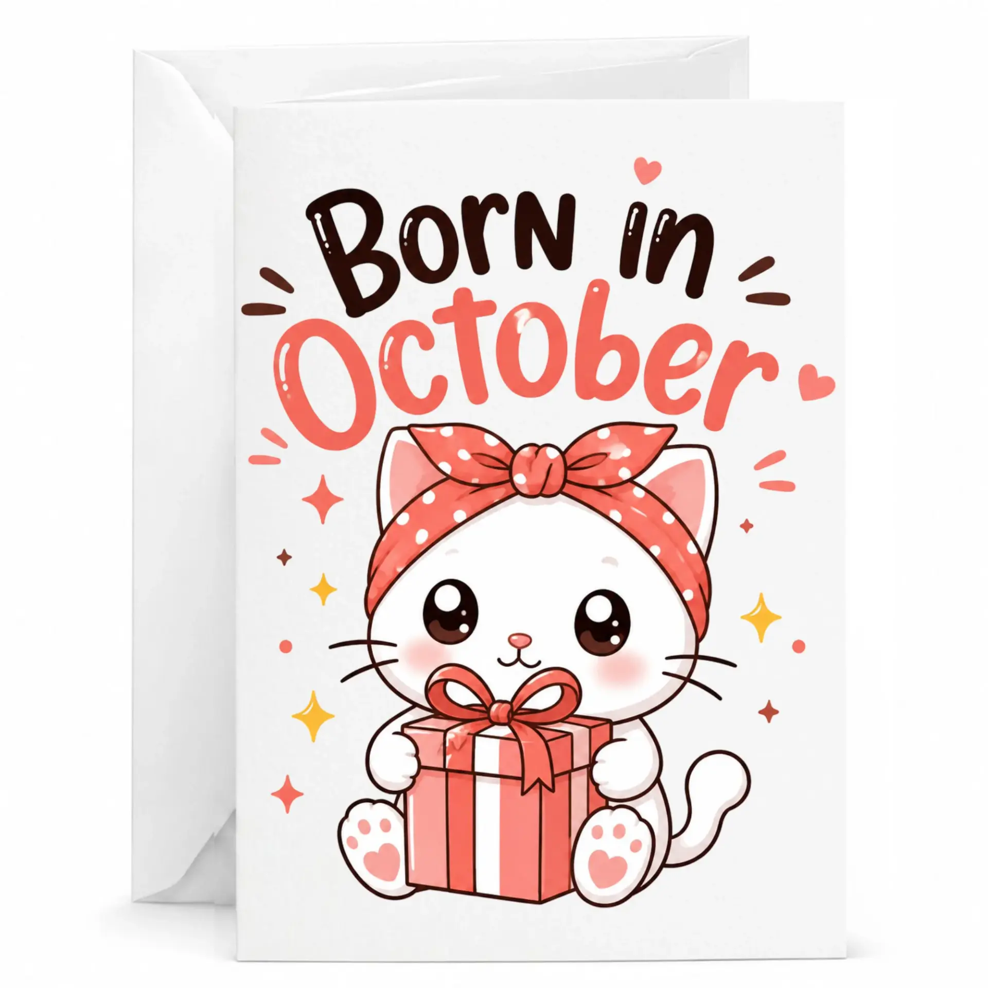 Birthday Card Born in October Featuring Cute Kitten Holding a Gift Design for Special Seasonal Celebrations and Birthdays
