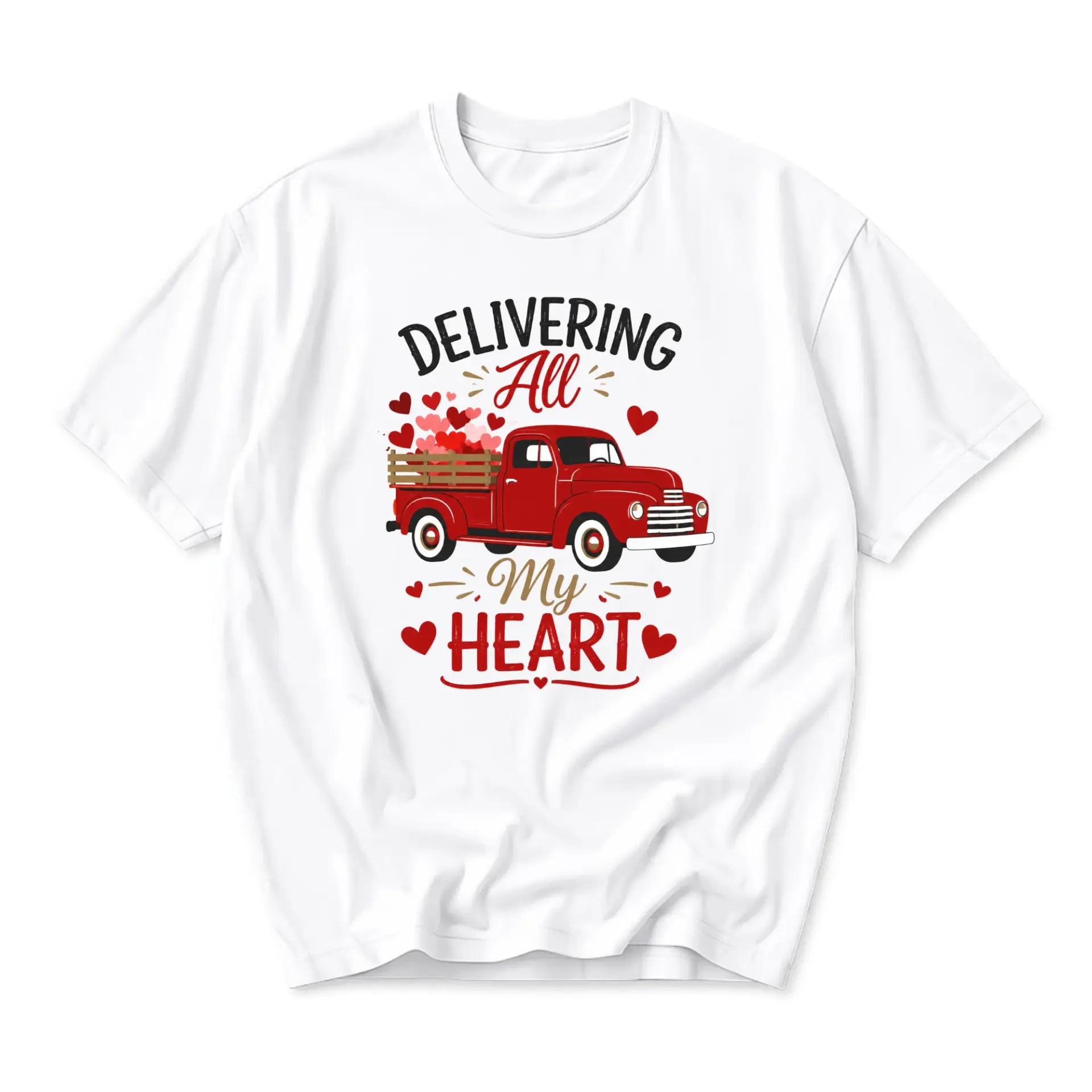 Graphic Tee Delivering All My Heart Red Truck Retro Romantic Valentines Day Unisex Short Sleeve Crew Neck Cotton Shirt