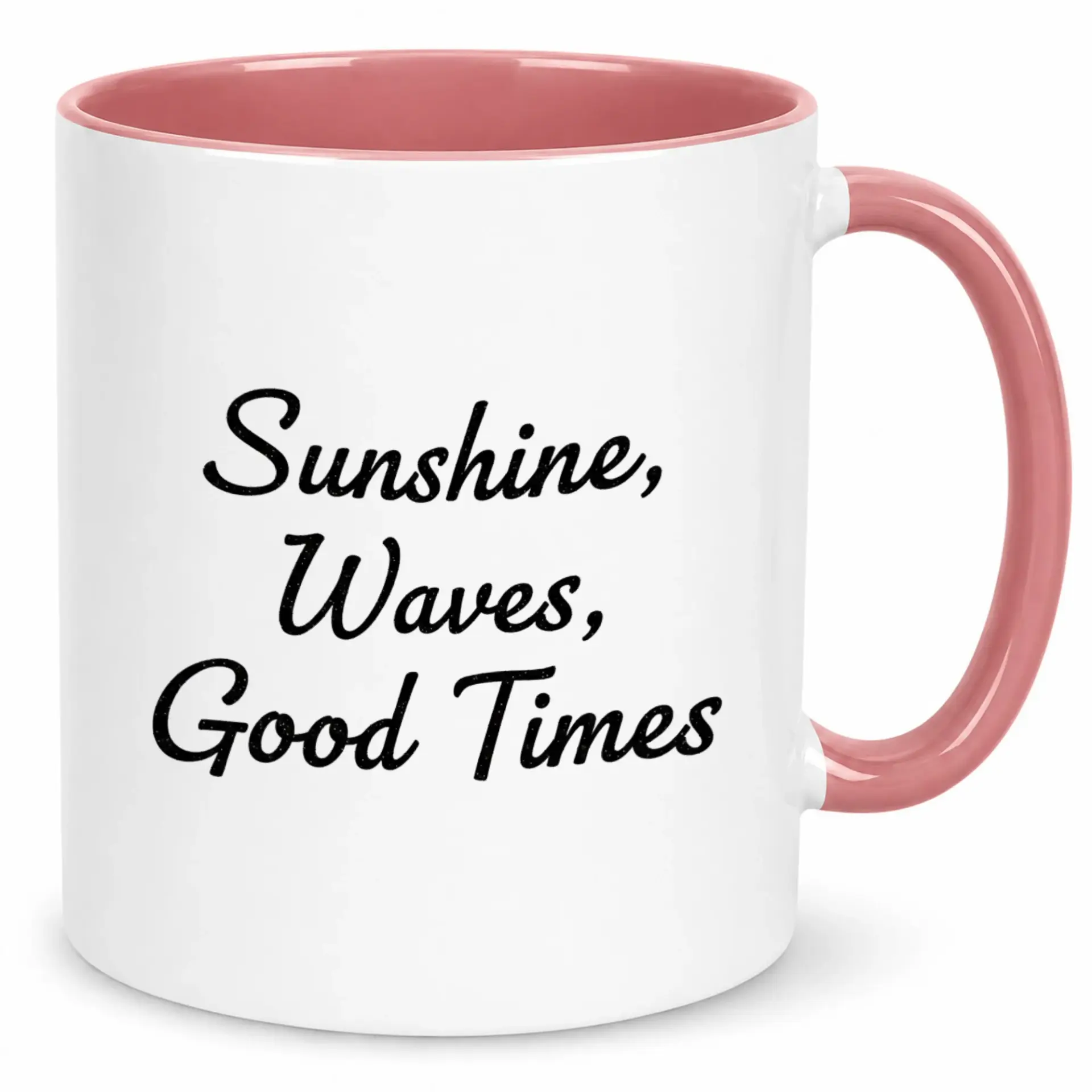 Sunshine Waves Good Times Ceramic Coffee Mug, Inspirational Home Office Drinkware, Pink Handle & Interior Accent