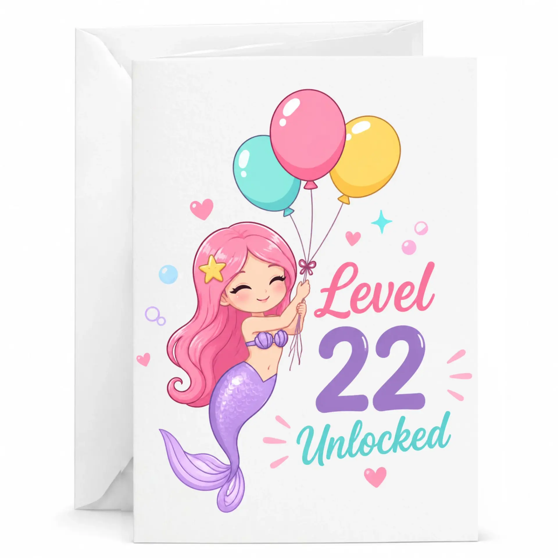 Birthday Card Level 22 Unlocked Cute Mermaid Design Greeting Card with Matching Envelope for Her Milestone Celebration