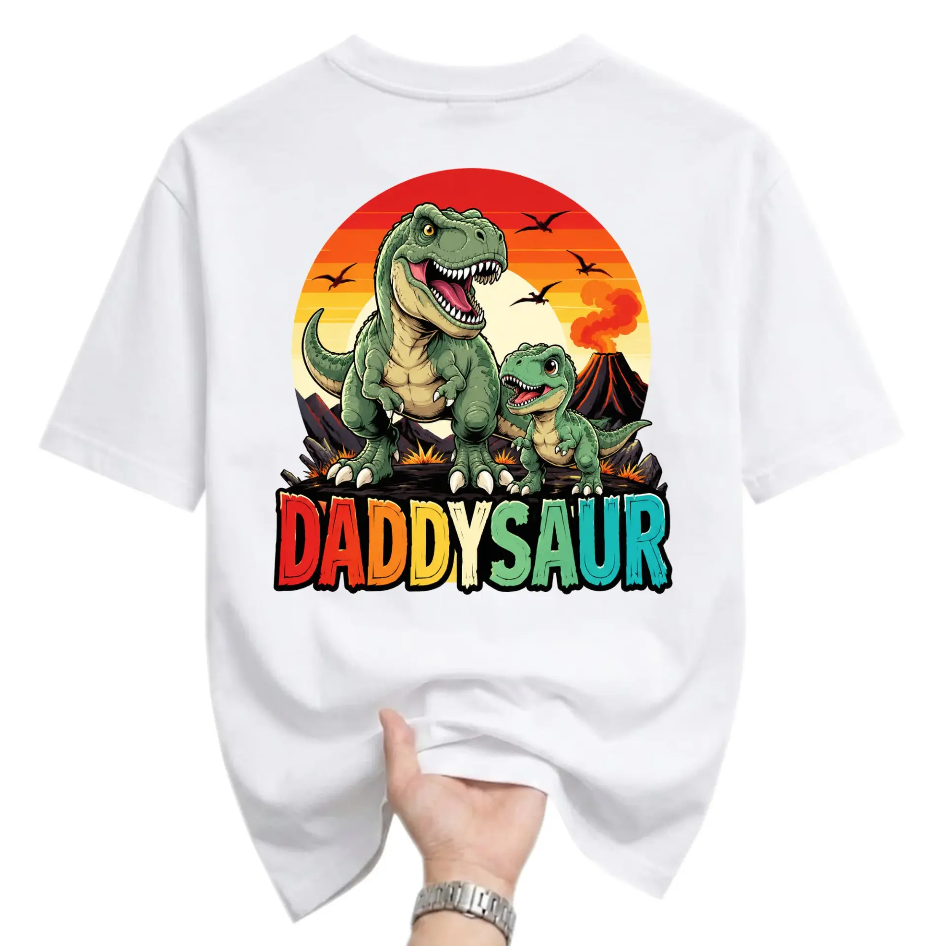 Funny Shirt Daddysaur Graphic Tee Unisex Crew Neck T-Shirt Dinosaur Print Apparel for Casual Everyday Wear White